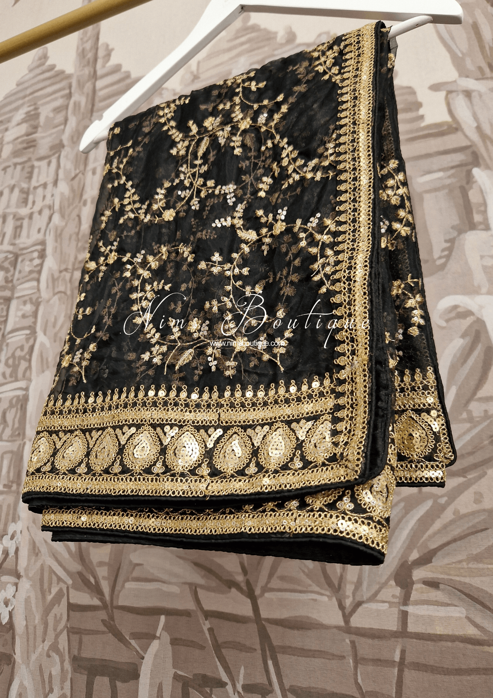 Nims Boutique Mahi Luxury Black Organza Embroidered Dupatta/Chunni