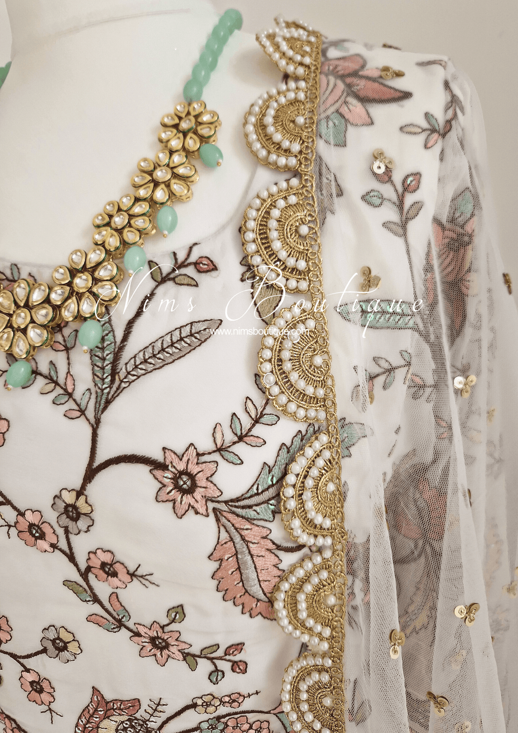Nims Boutique Sarika White Luxury Long Sleeved Anarkali Suit with Pajami sizes 4-14