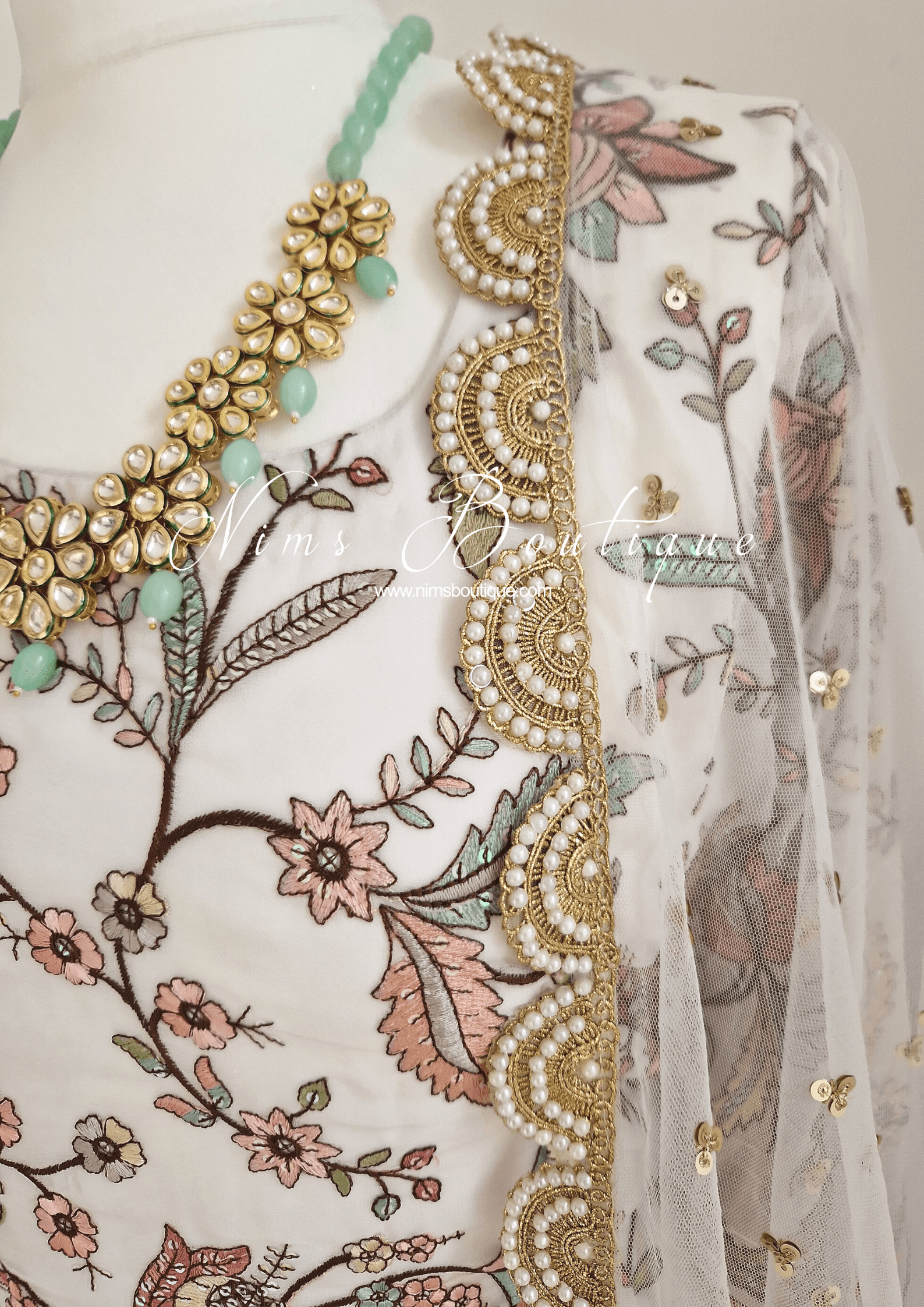 Nims Boutique Sarika White Luxury Long Sleeved Anarkali Suit with Pajami sizes 4-14