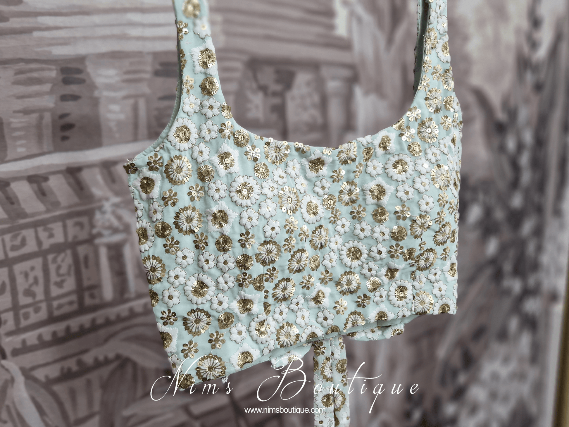 Nims Boutique Luxury NB Mint & Ivory Sequin Bow Blouse size 4-20