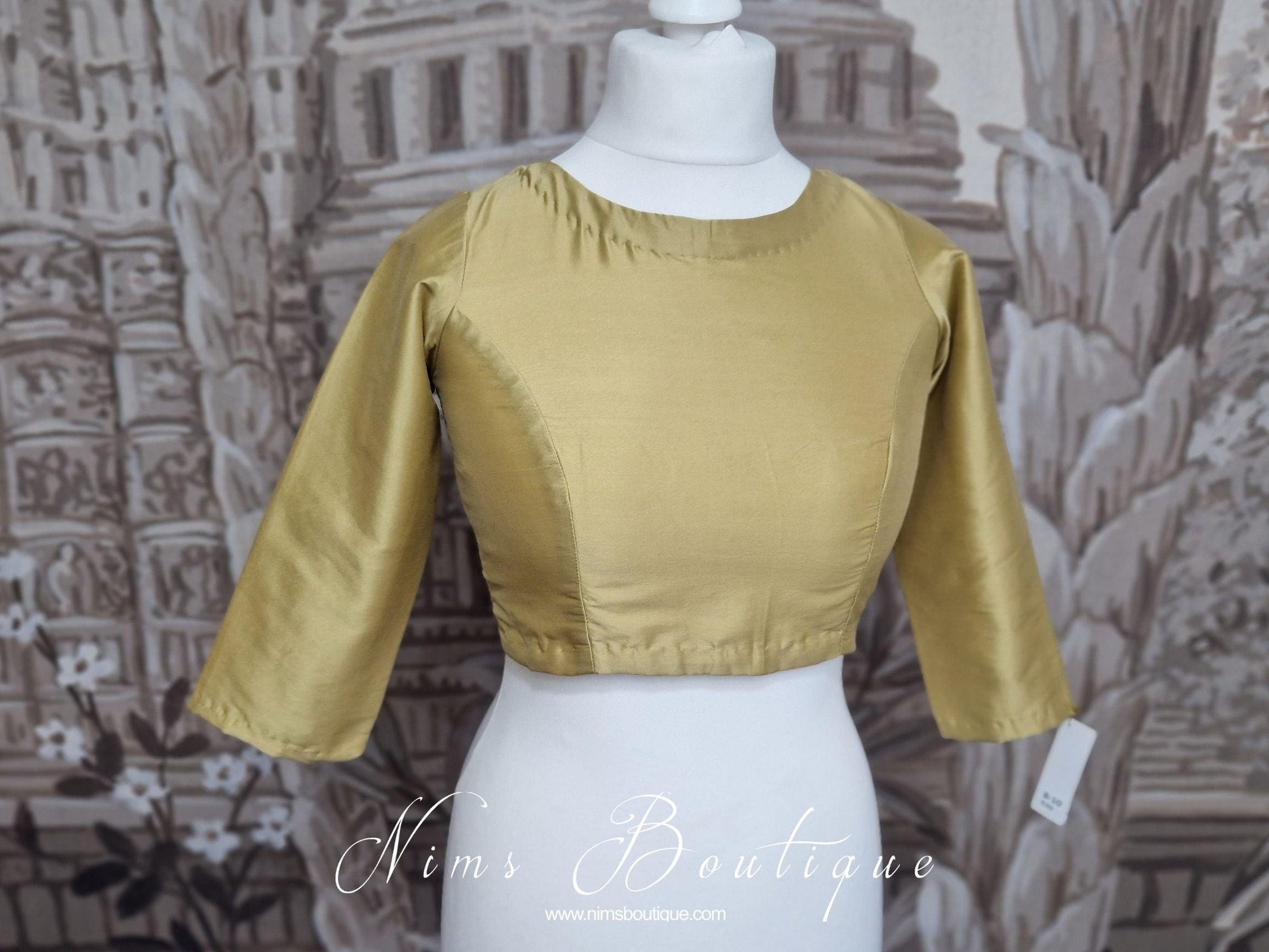 Nims Boutique Dark Gold Pure Silk High Neck Blouse with sleeves 4-24