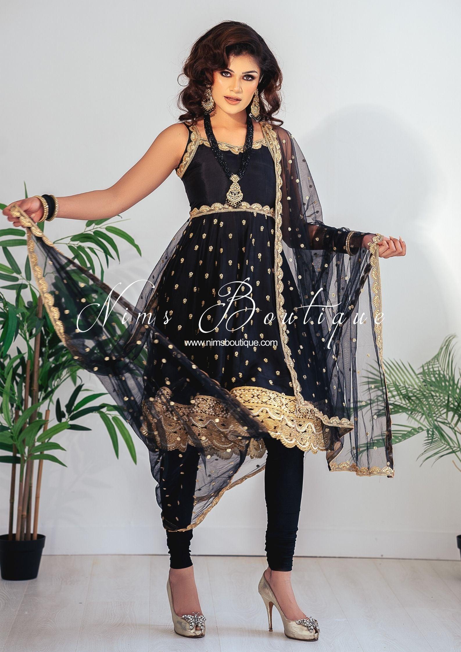 Nims Boutique The NB Luxury Black Silk Anarkali with Pajami size 4-16