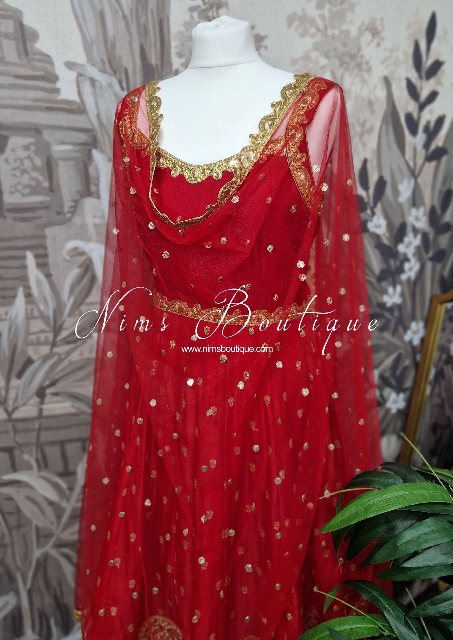 Nims Boutique The NB Luxury Red Silk Anarkali with Pajami size 4-12