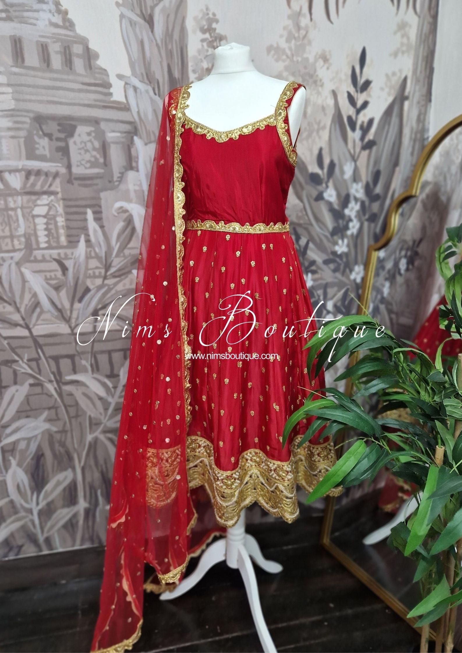 Nims Boutique The NB Luxury Red Silk Anarkali with Pajami size 4-12