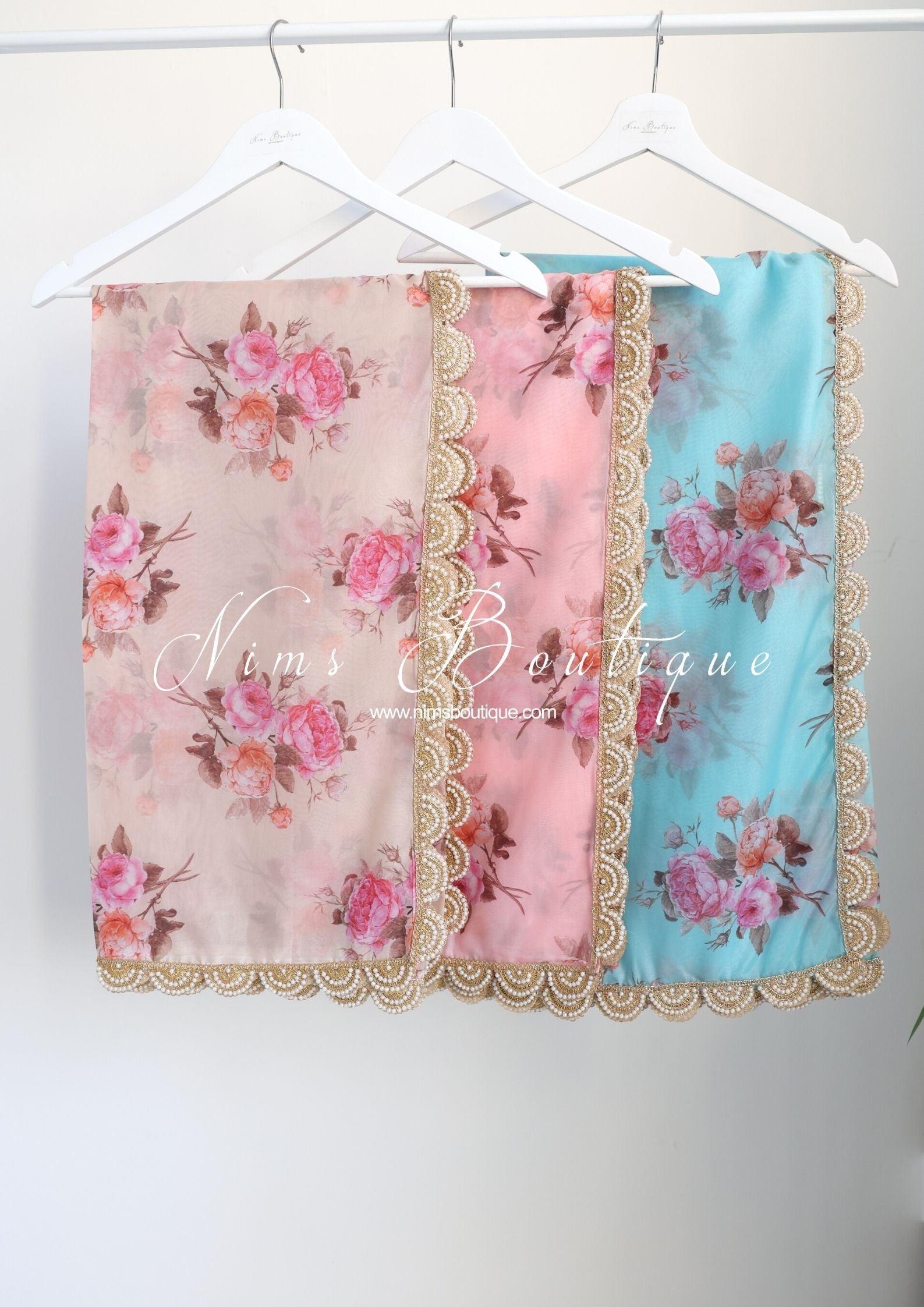 Nims Boutique Dusky Peach Organza Floral Dupatta/Chunni with Luxury Pearl Edging