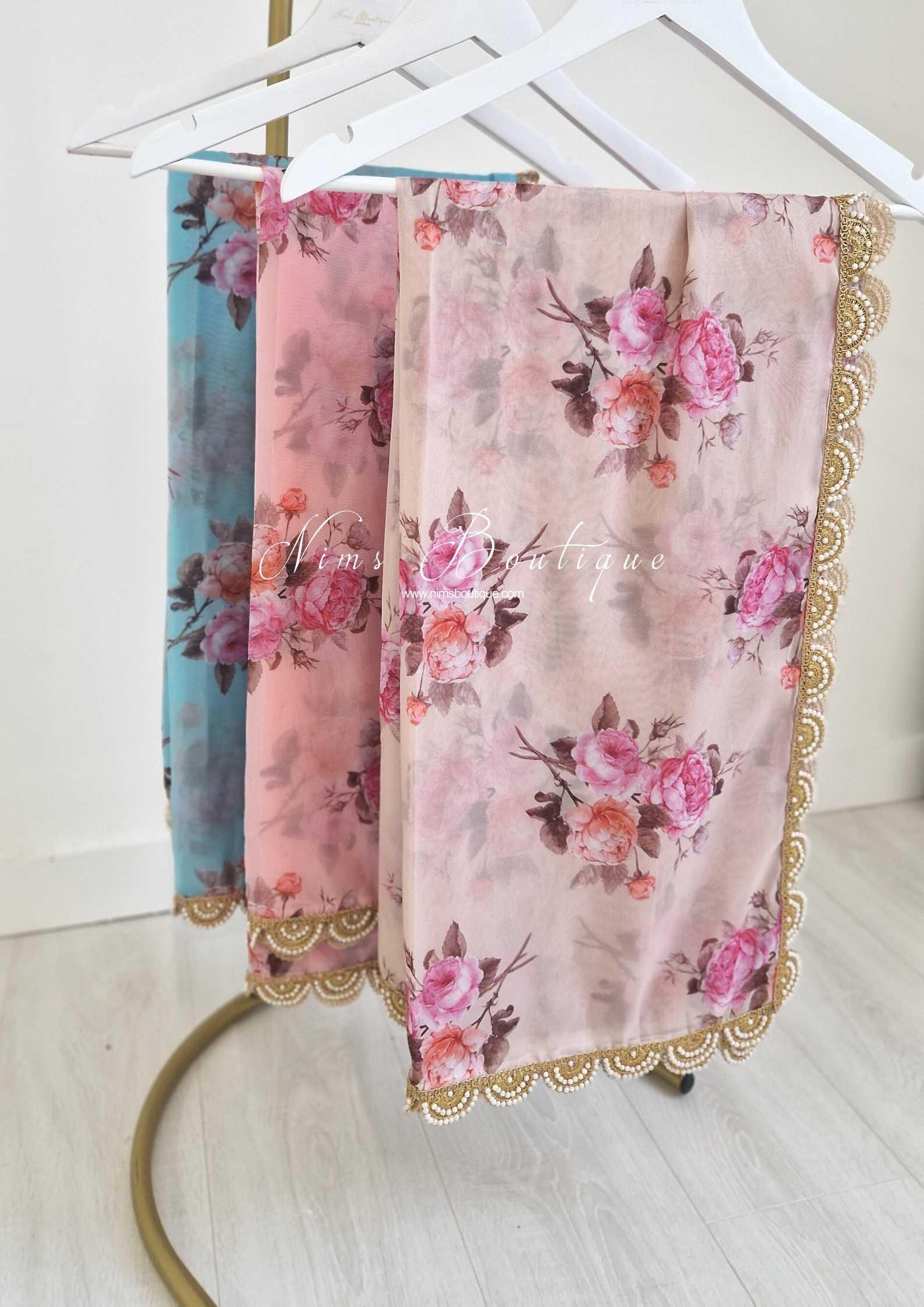 Nims Boutique Dusky Peach Organza Floral Dupatta/Chunni with Luxury Pearl Edging