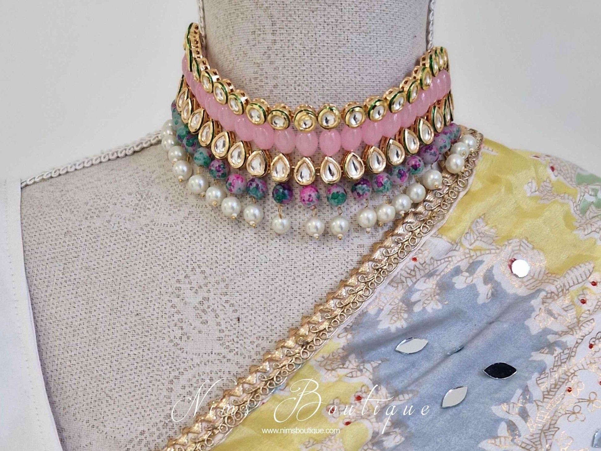 Nims Boutique Pavan Pastel Pink Kundan & Green Floral Bead Choker Set