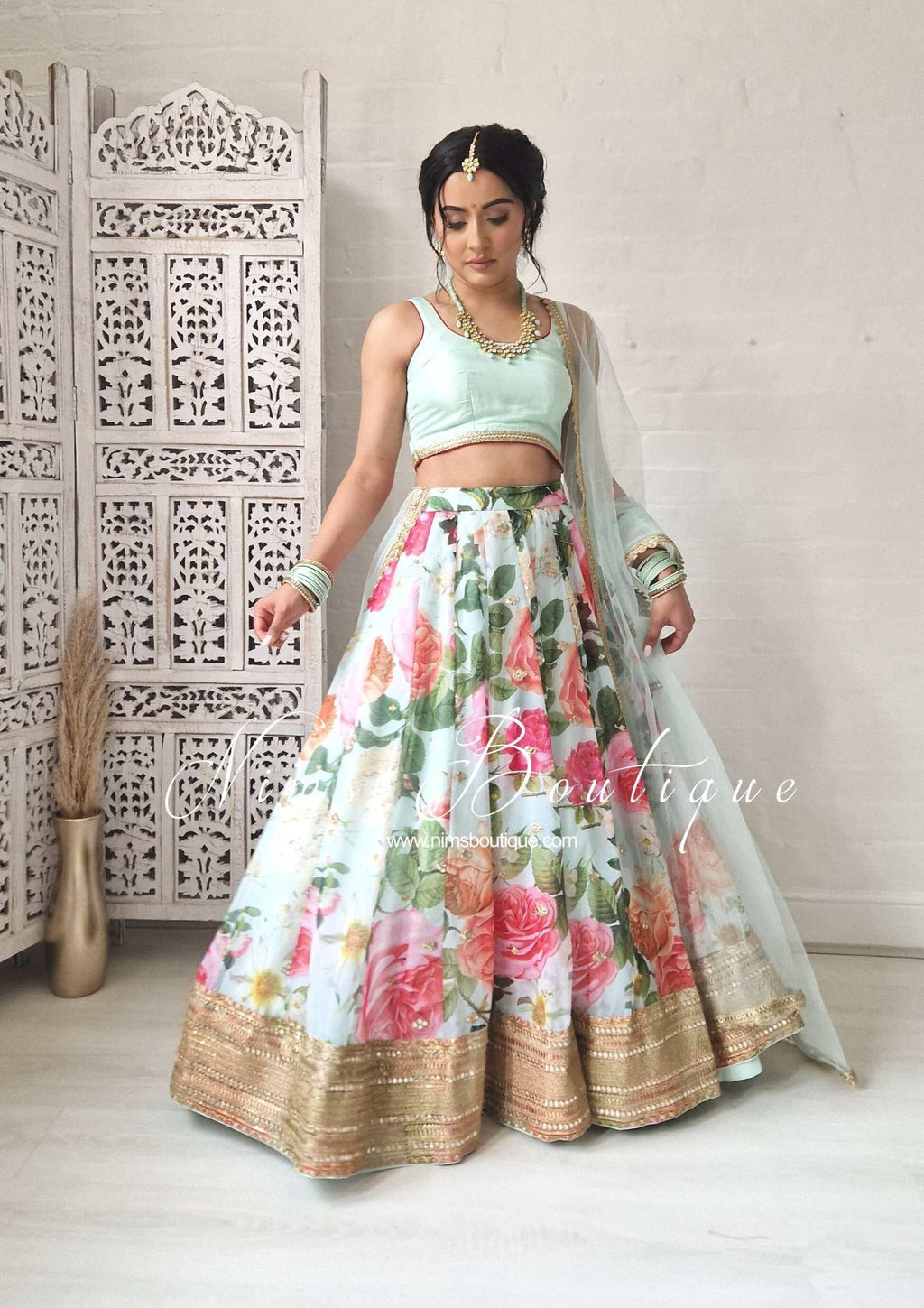 Nims Boutique Tara Luxury Silk Mint & Floral Lehnga