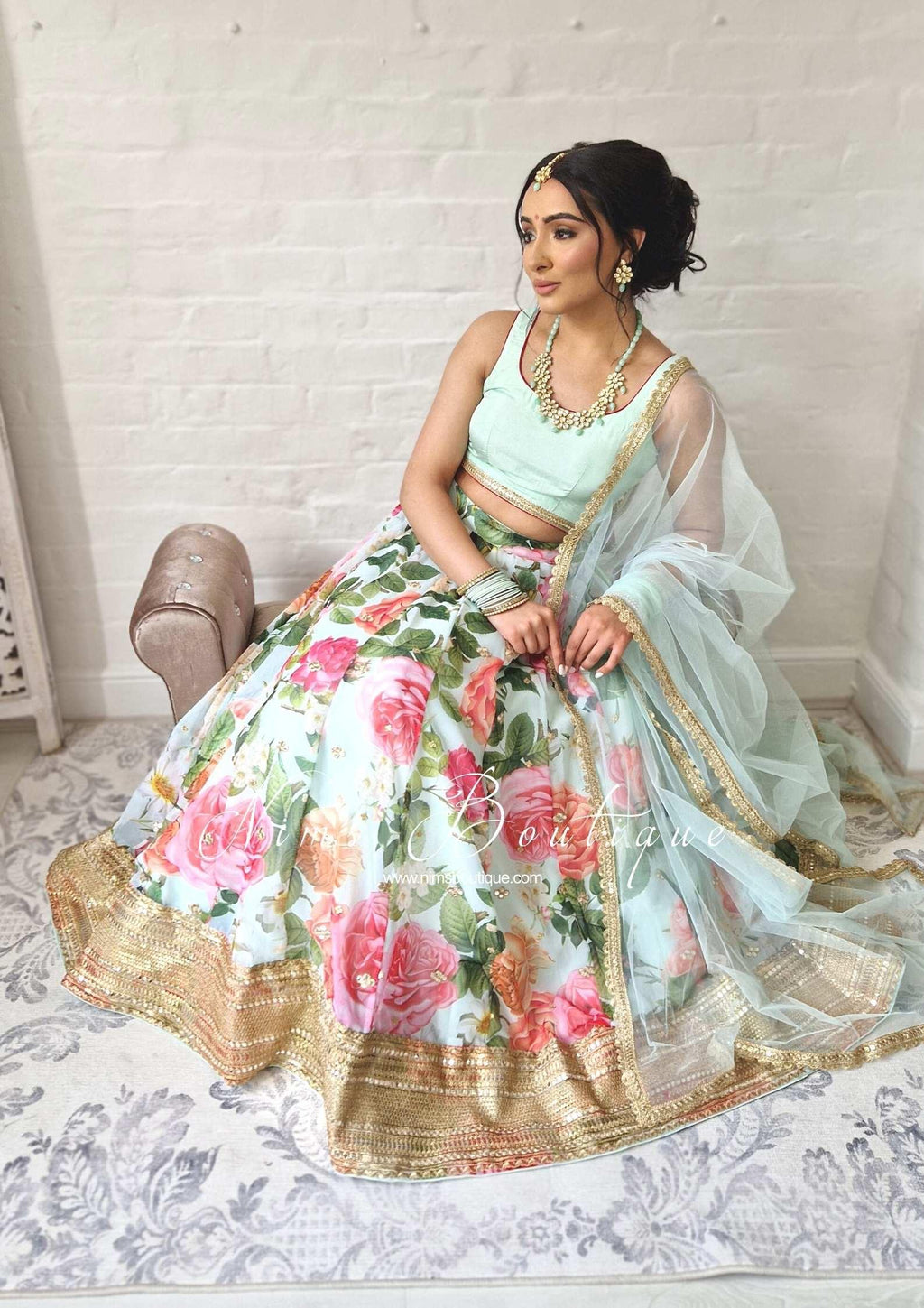 Nims Boutique Tara Luxury Silk Mint & Floral Lehnga