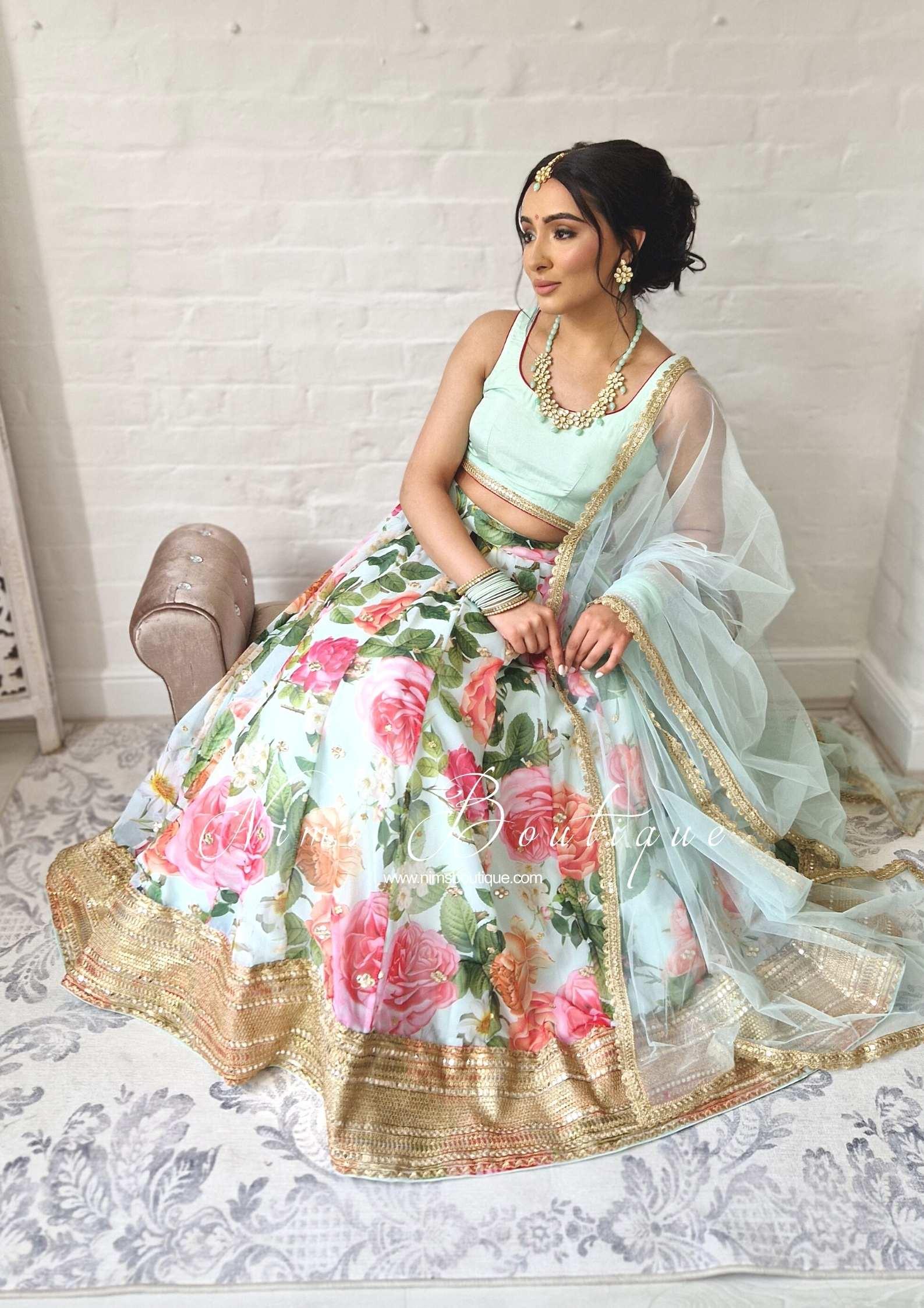 Nims Boutique Tara Luxury Silk Mint & Floral Lehnga