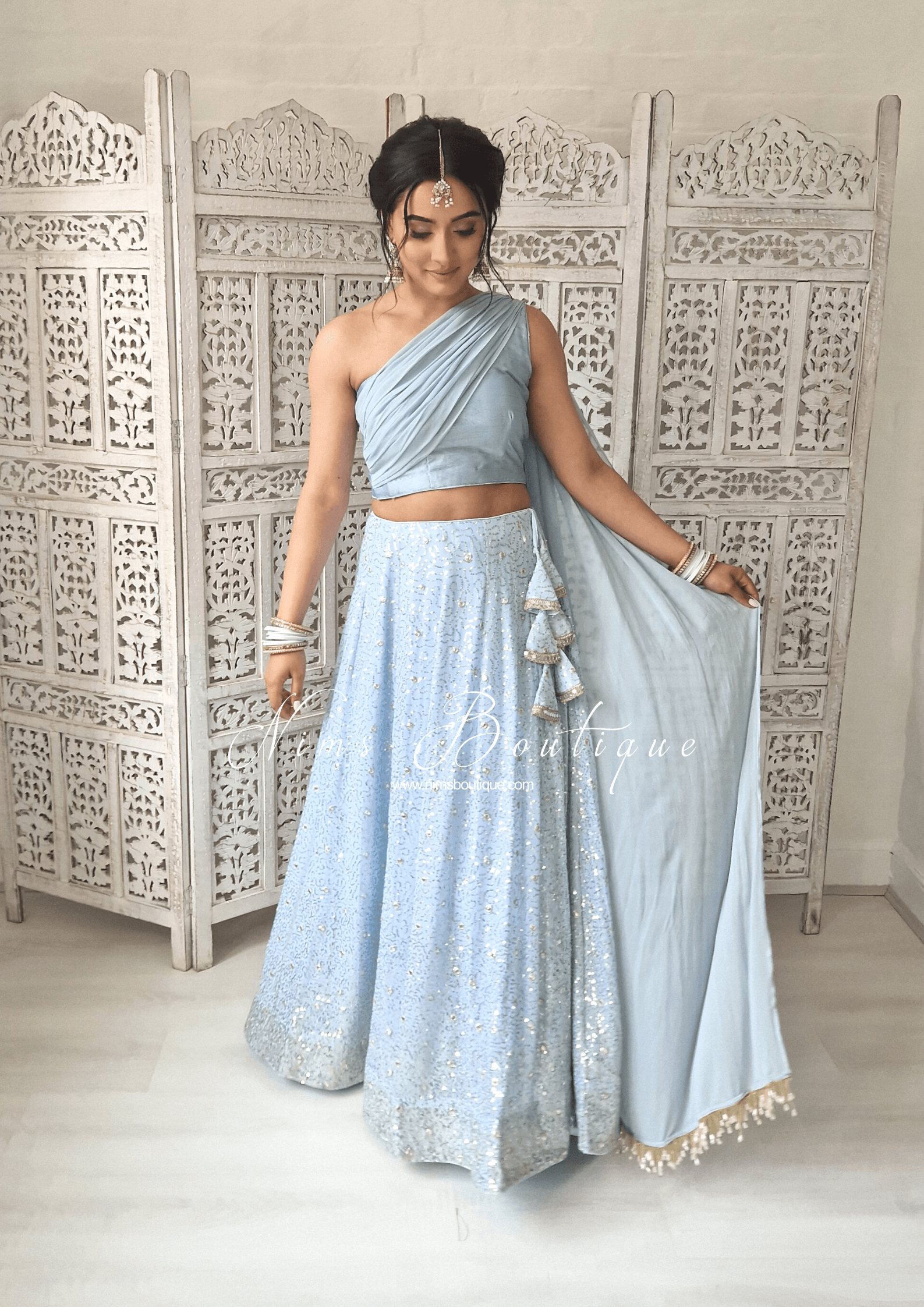 Nims Boutique Arya Powder Blue & Gold Sequin Luxury Skirt sizes 4-14