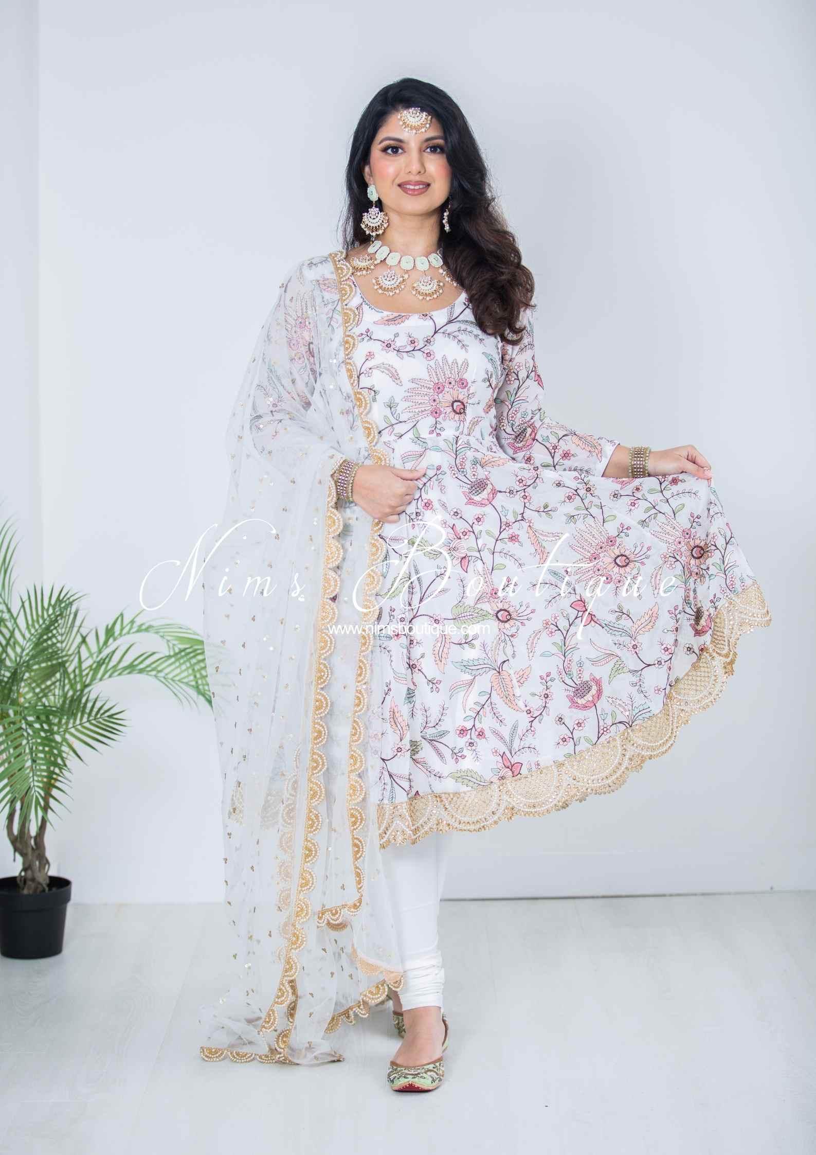 Nims Boutique Sarika White Luxury Long Sleeved Anarkali Suit with Pajami sizes 4-14