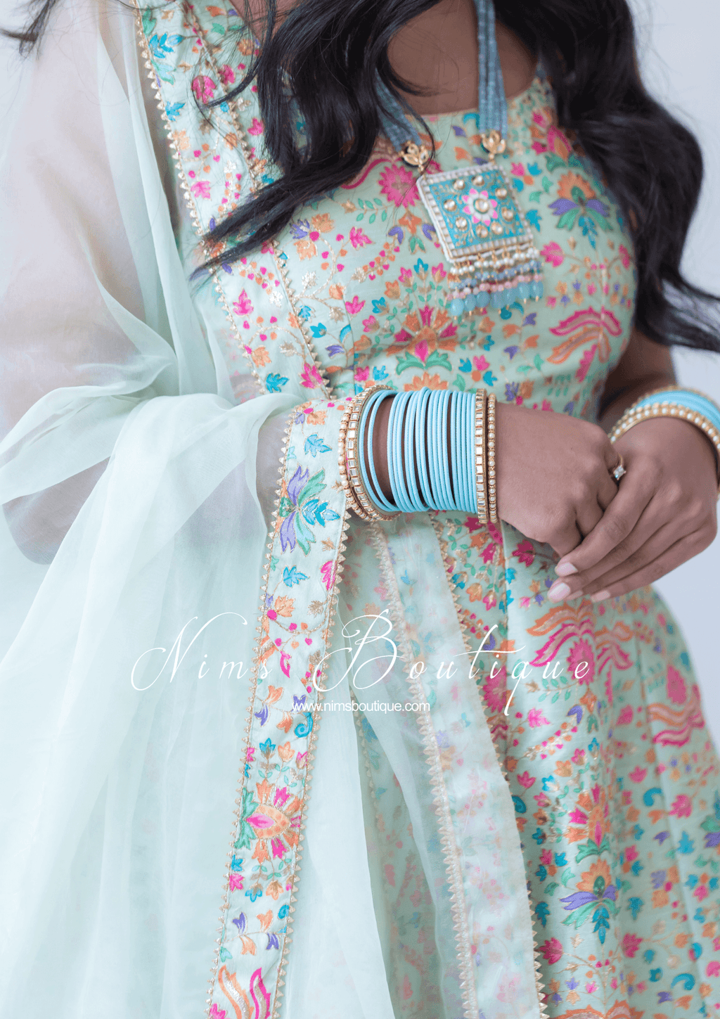 Nims Boutique Mia Mint Green & Multicolour Frock Pajami Suit sizes 4-22