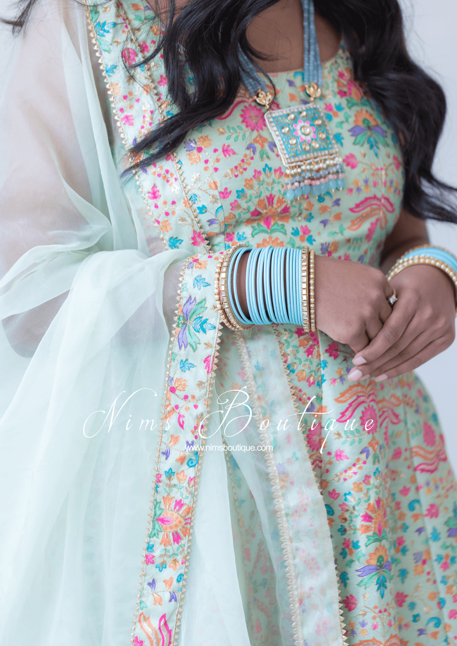 Nims Boutique Mia Mint Green & Multicolour Frock Pajami Suit sizes 4-22