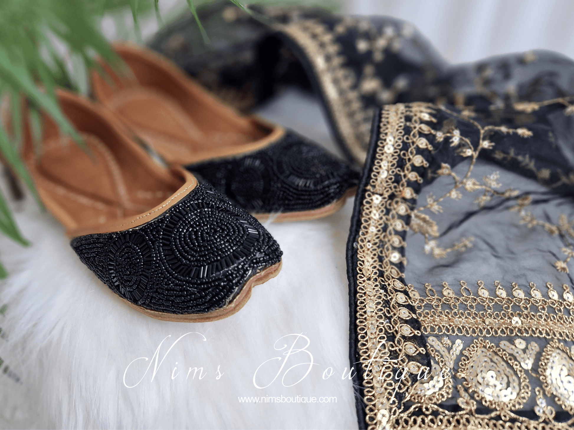 Nims Boutique Black Beaded Leather Punjabi Juttis