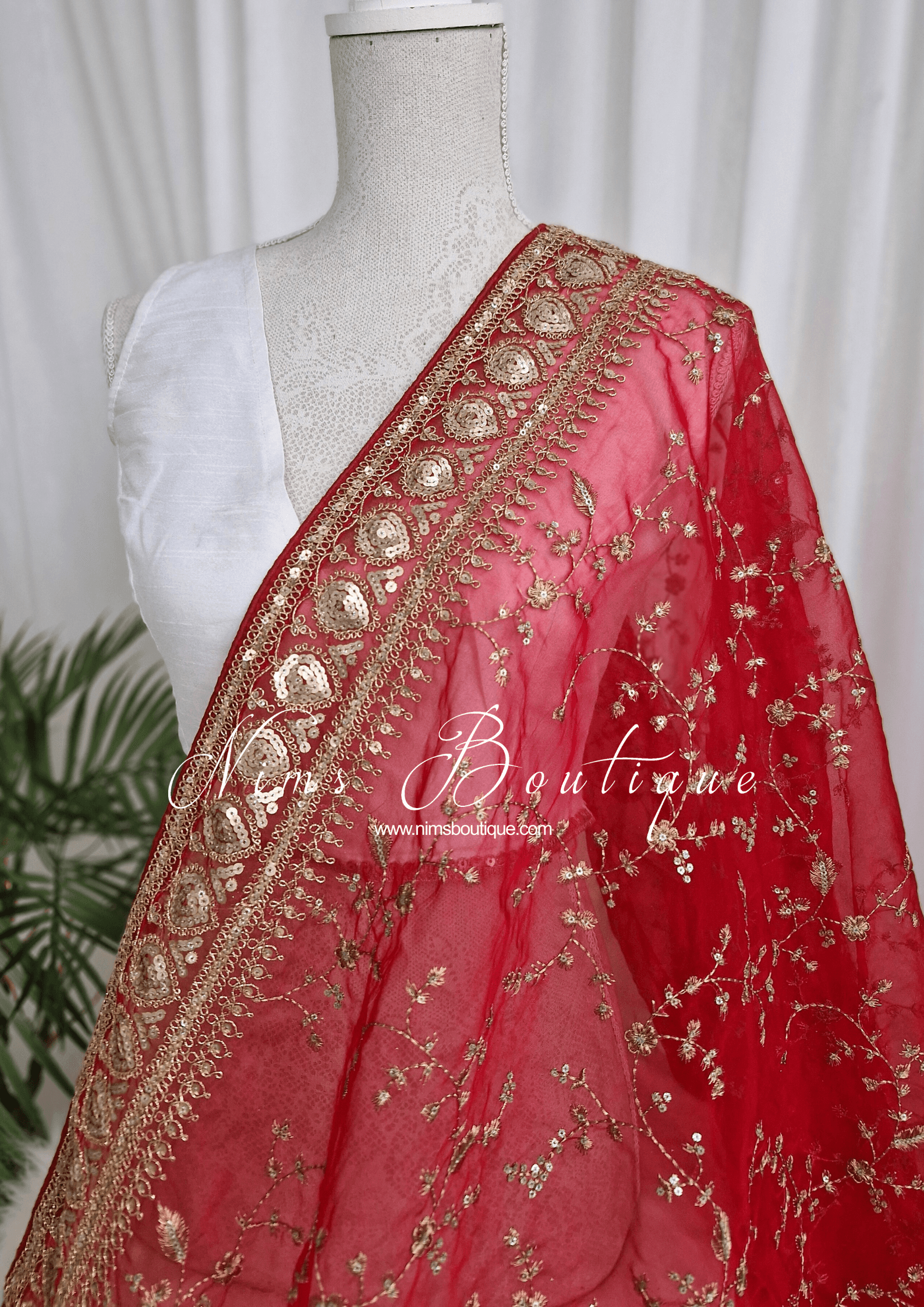 Nims Boutique Mahi Luxury Red Organza Embroidered Dupatta/Chunni