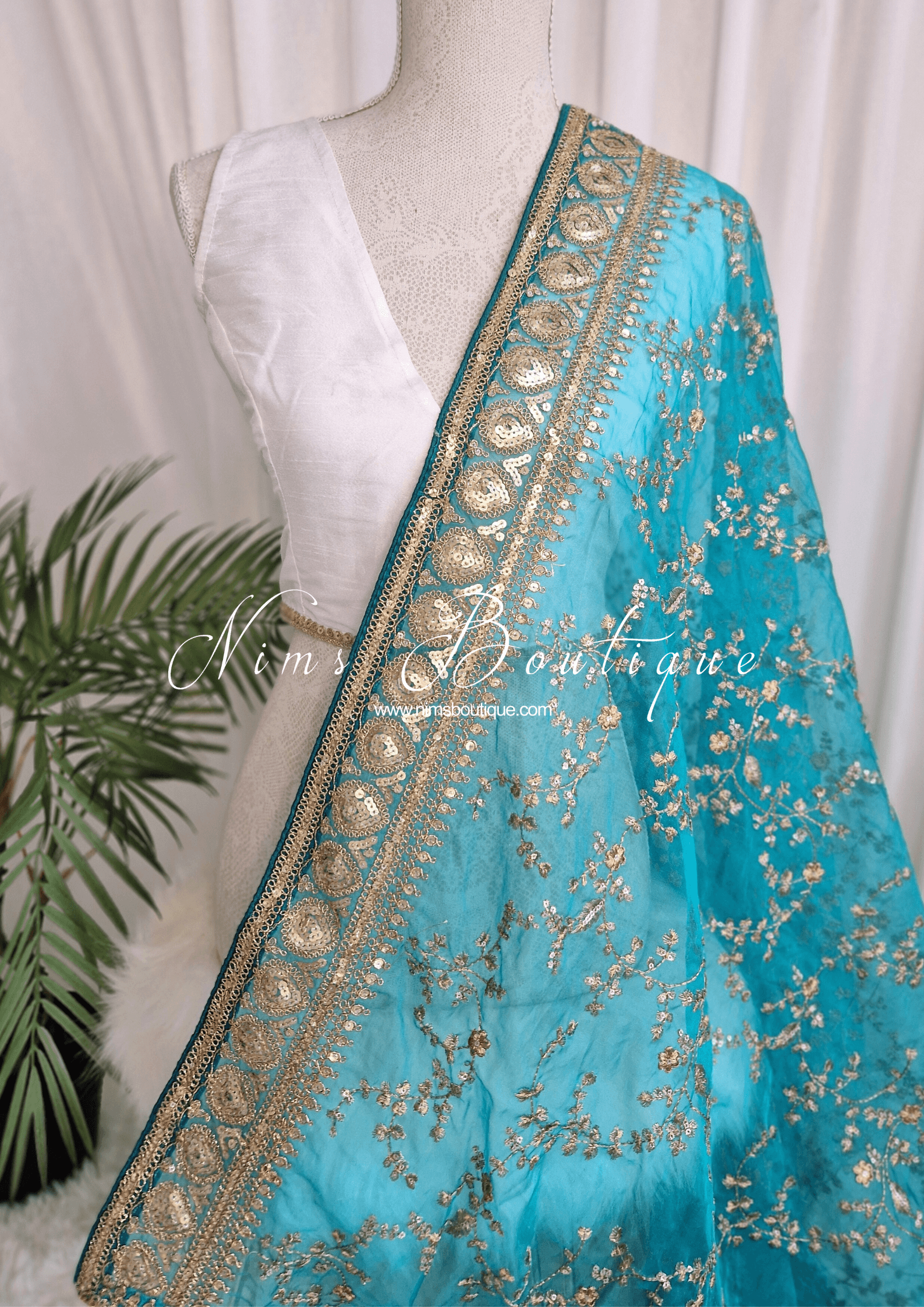 Nims Boutique Mahi Luxury Bright Teal Organza Embroidered Dupatta/Chunni
