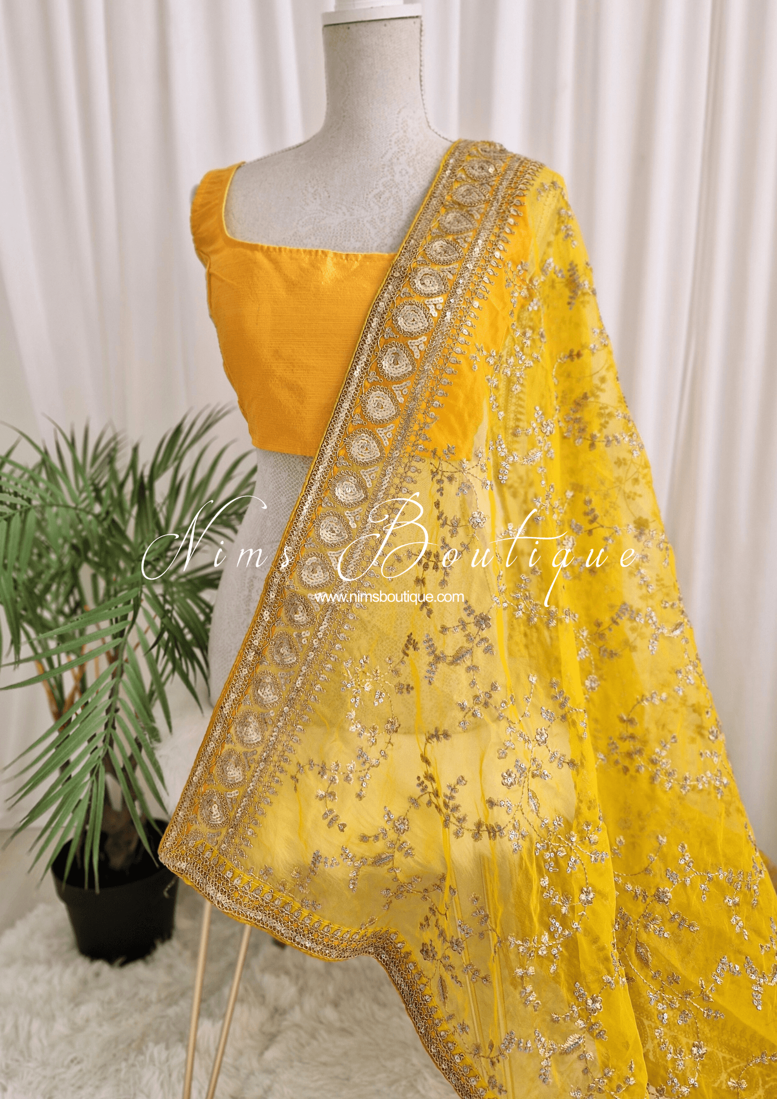 Nims Boutique Mahi Luxury Deep Yellow Organza Embroidered Dupatta/Chunni