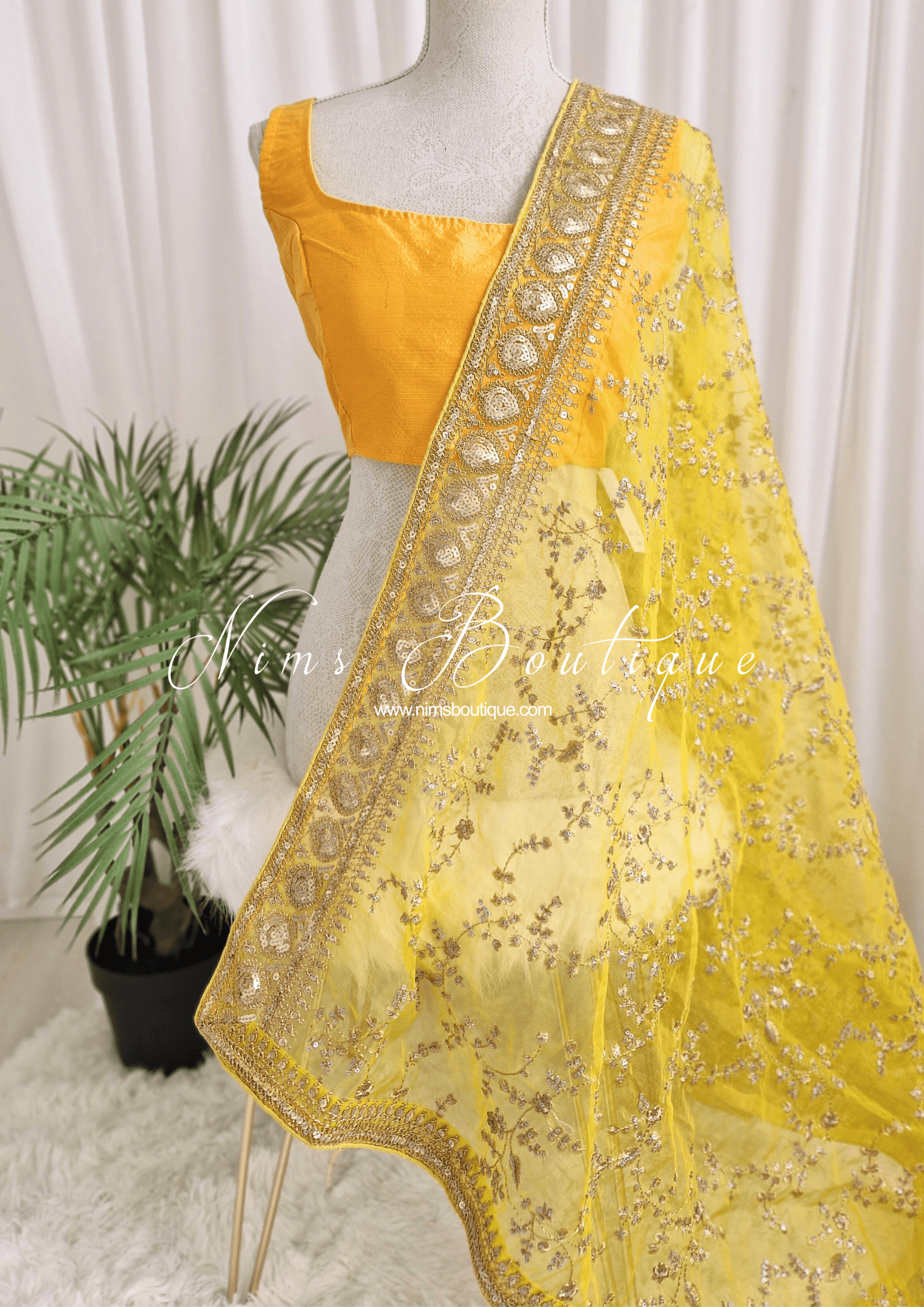 Nims Boutique Mahi Luxury Light Yellow Organza Embroidered Dupatta/Chunni