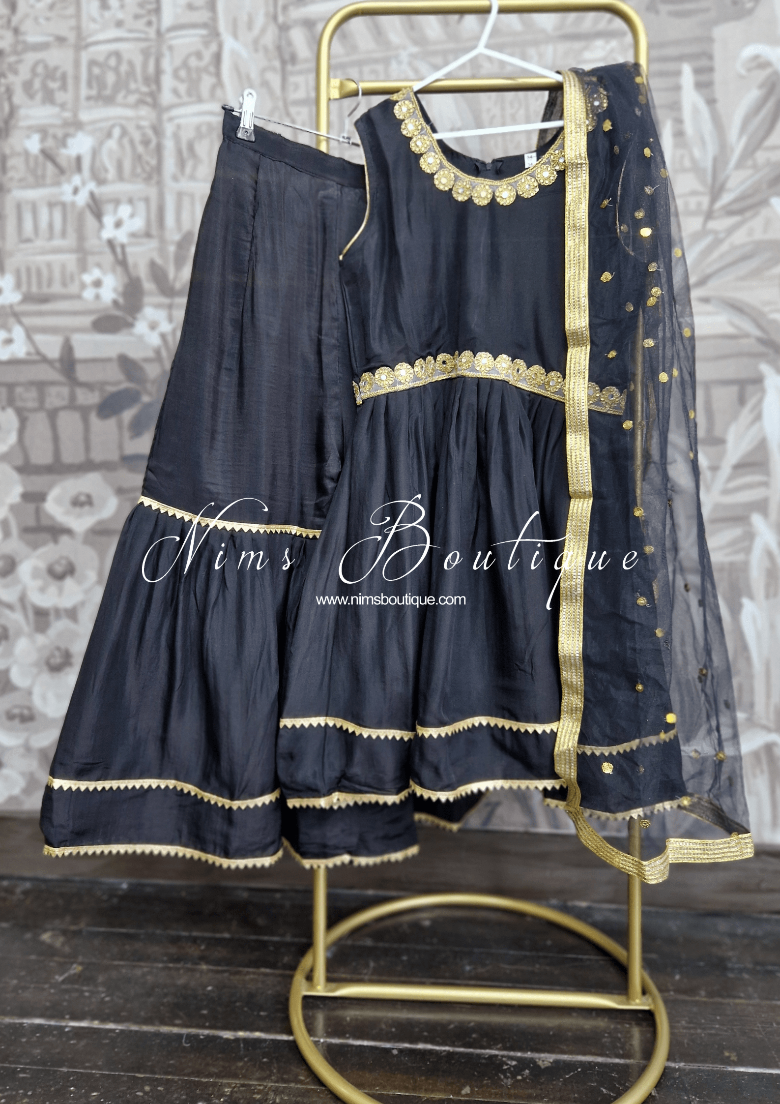 Nims Boutique Kids Black Silk Frock Sharara Suit