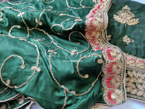 Luxury Unstitched Dark Green & Coral Embroidered Silk Suit