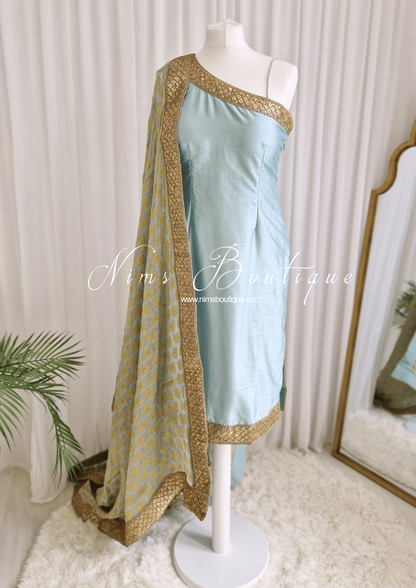 Nims Boutique One Shoulder Light Sage Pajami Suit sizes 4-16