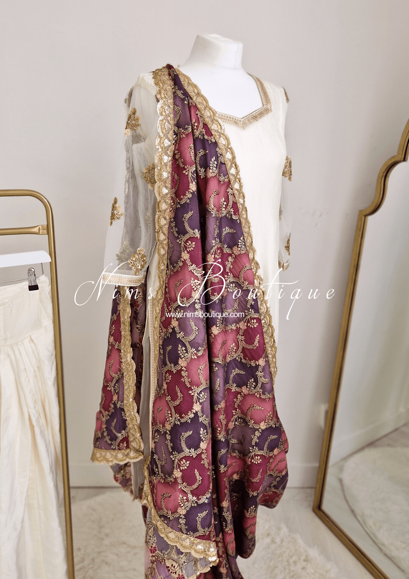 Nims Boutique The NB Classic Long Sleeved Ivory Silk & Multicolour Salwar Suit 8-20