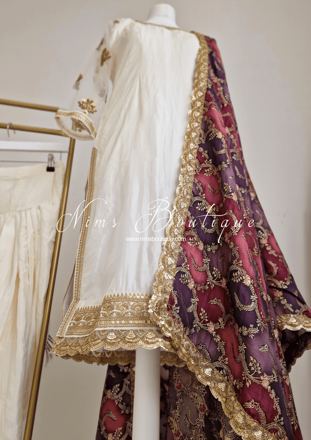 Nims Boutique The NB Classic Long Sleeved Ivory Silk & Multicolour Salwar Suit 8-20