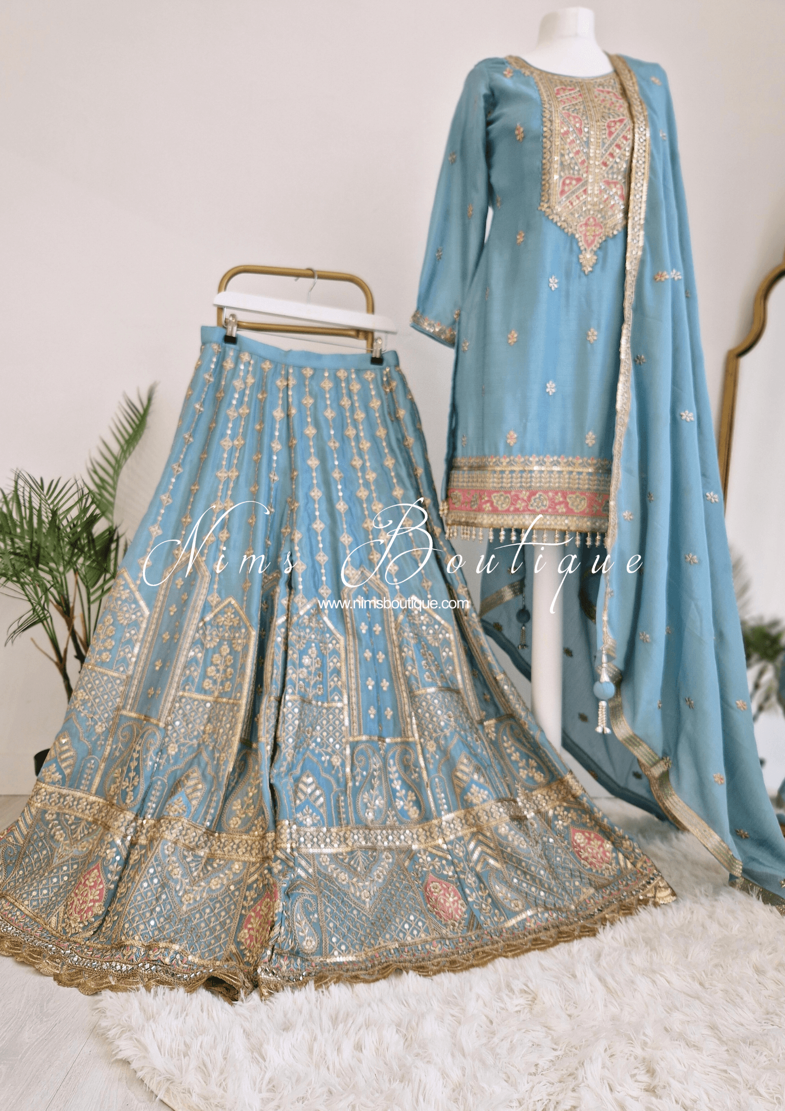 Nims Boutique Luxury Powder Blue Embroidered Sharara Suit Size 12-14
