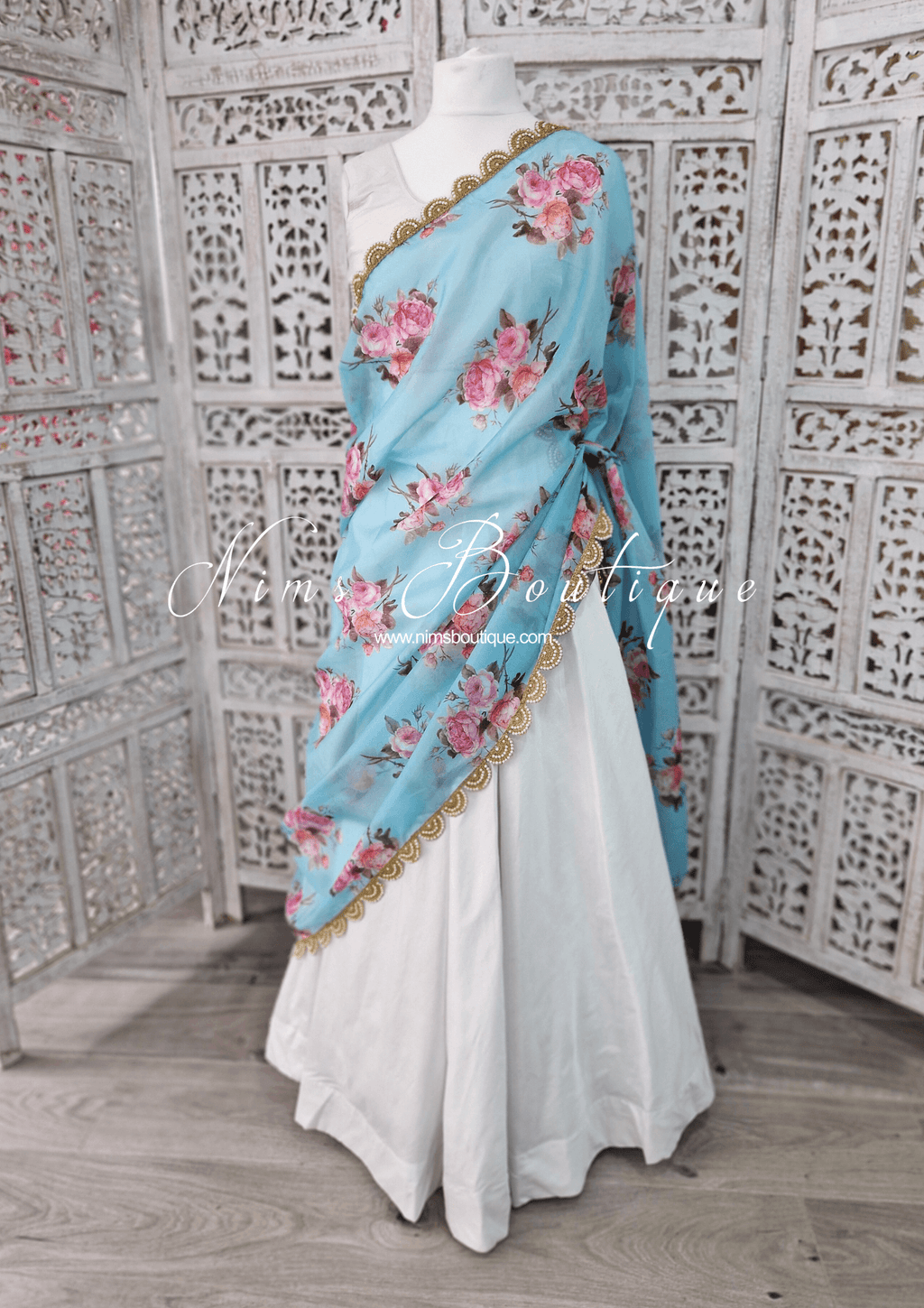 Nims Boutique Luxury Blue Organza Floral Dupatta/Chunni with Pearl Edging