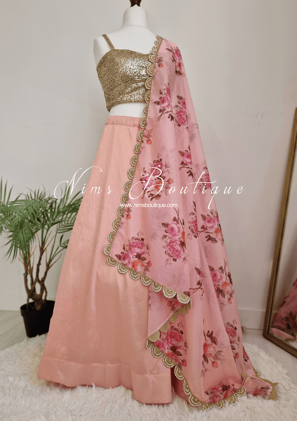 Nims Boutique Luxury Peach Organza Floral Dupatta/Chunni with Pearl Edging