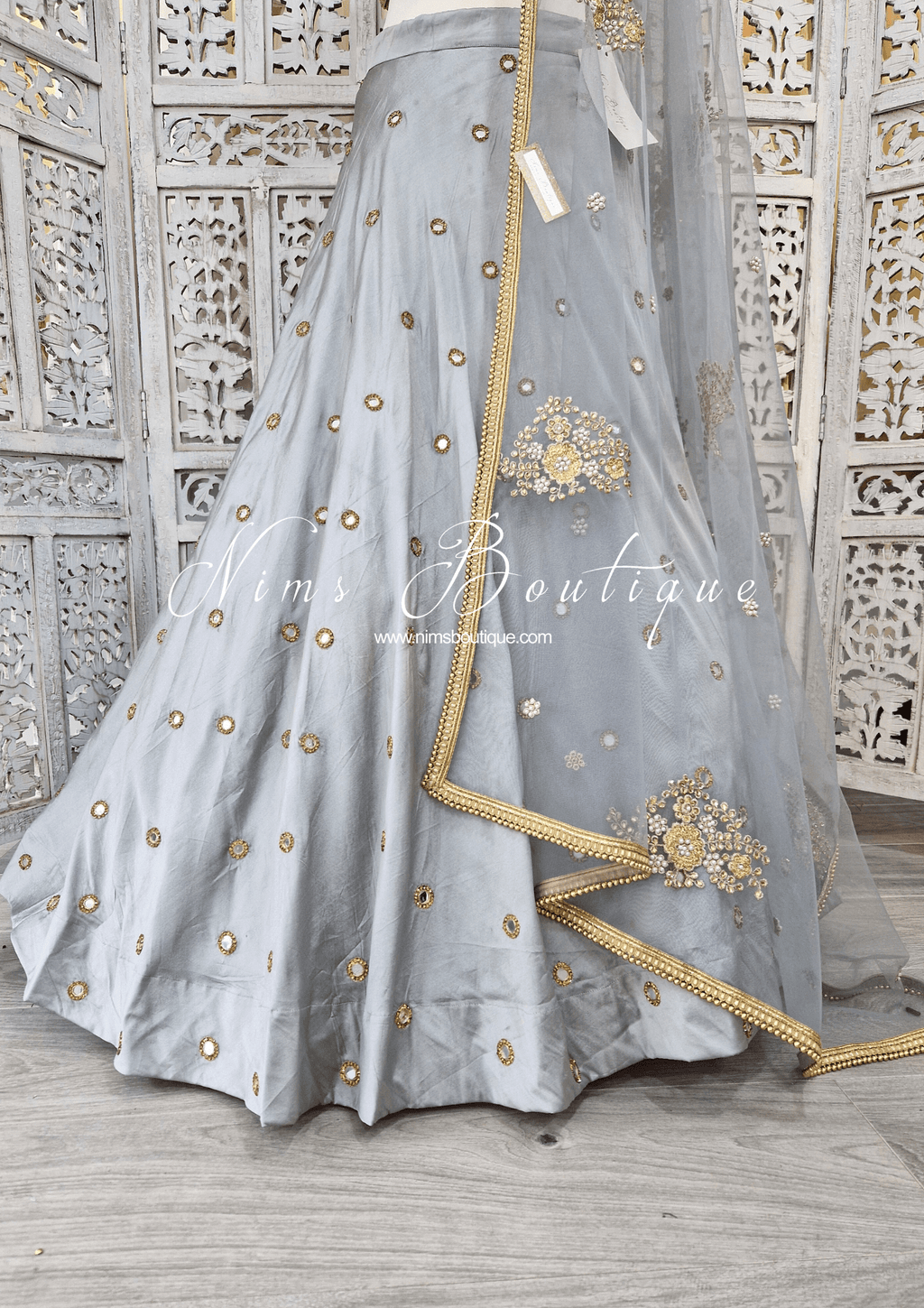 Nims Boutique Grey Net Pearl Embellished Dupatta/Chunni with Gold Bead Edging GB1