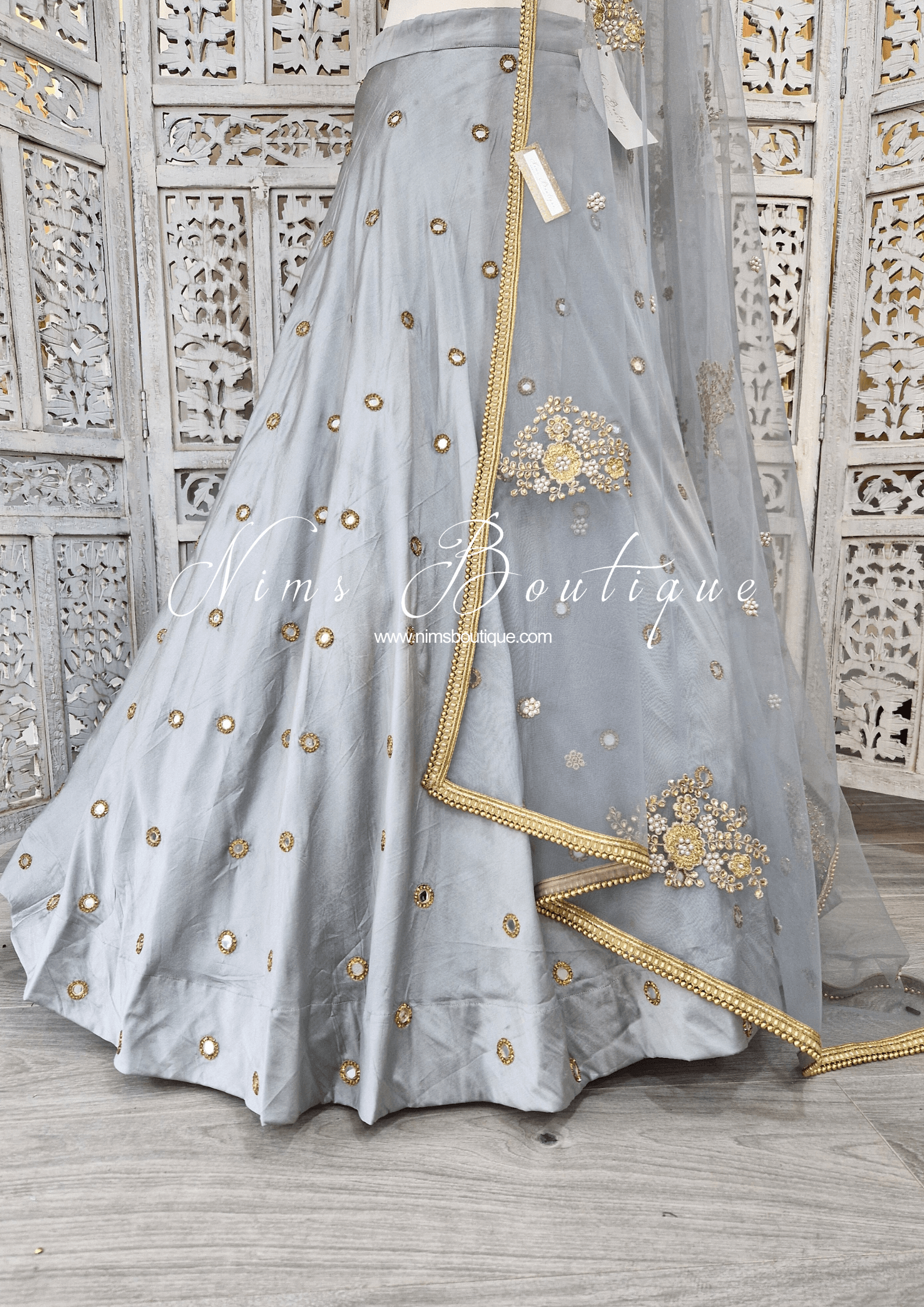 Nims Boutique Grey Net Pearl Embellished Dupatta/Chunni with Gold Bead Edging GB1