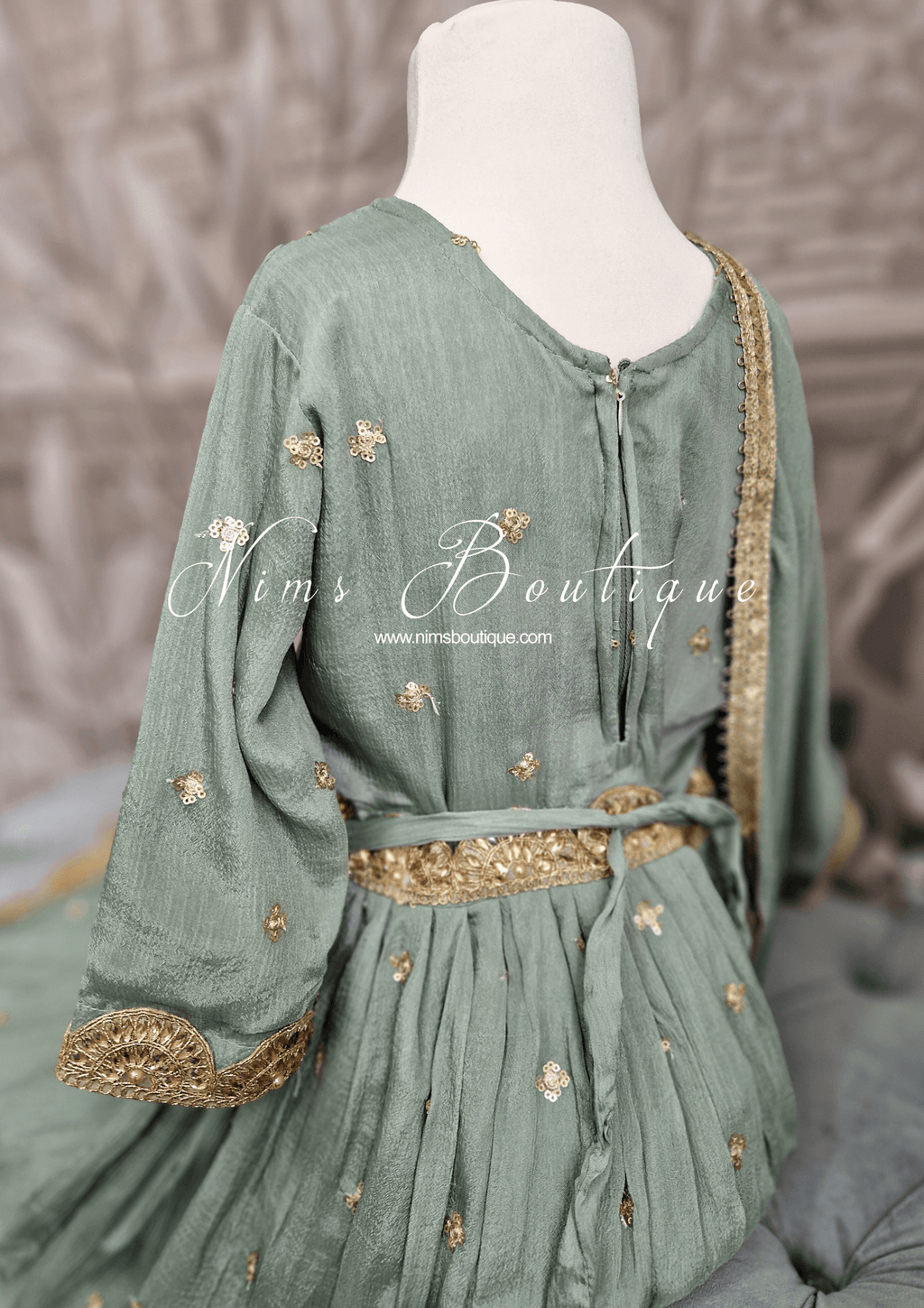 Nims Boutique Sage Green Sequin Frock Kids Pajami Suit