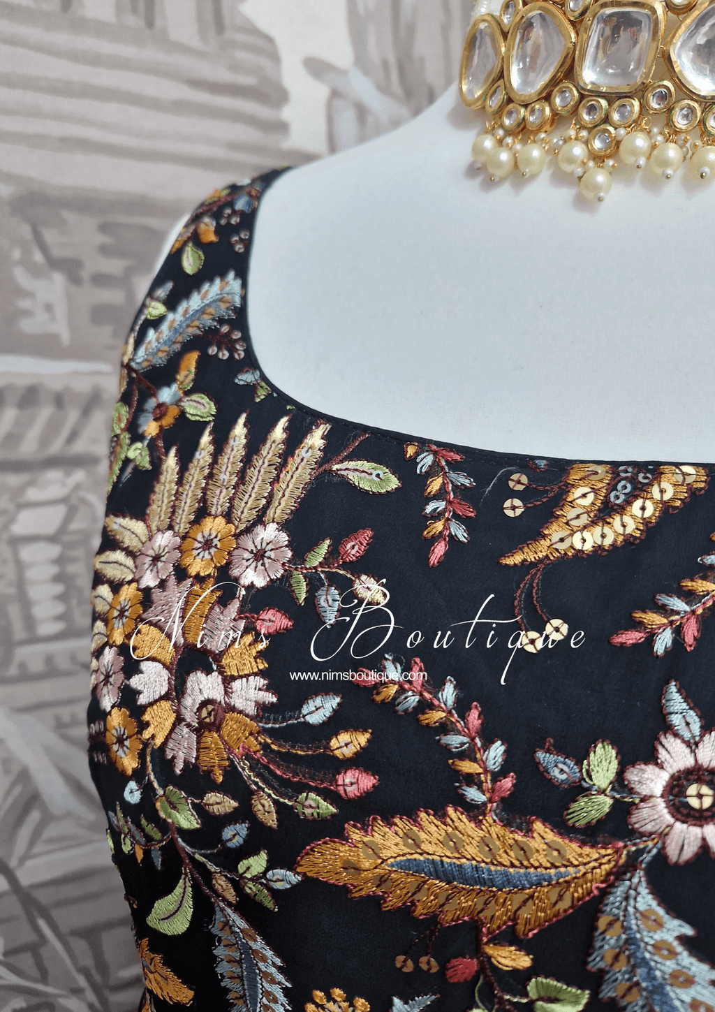 Nims Boutique Sarika Luxury Black & Multicolour Anarkali Suit with Pajami sizes 12-22