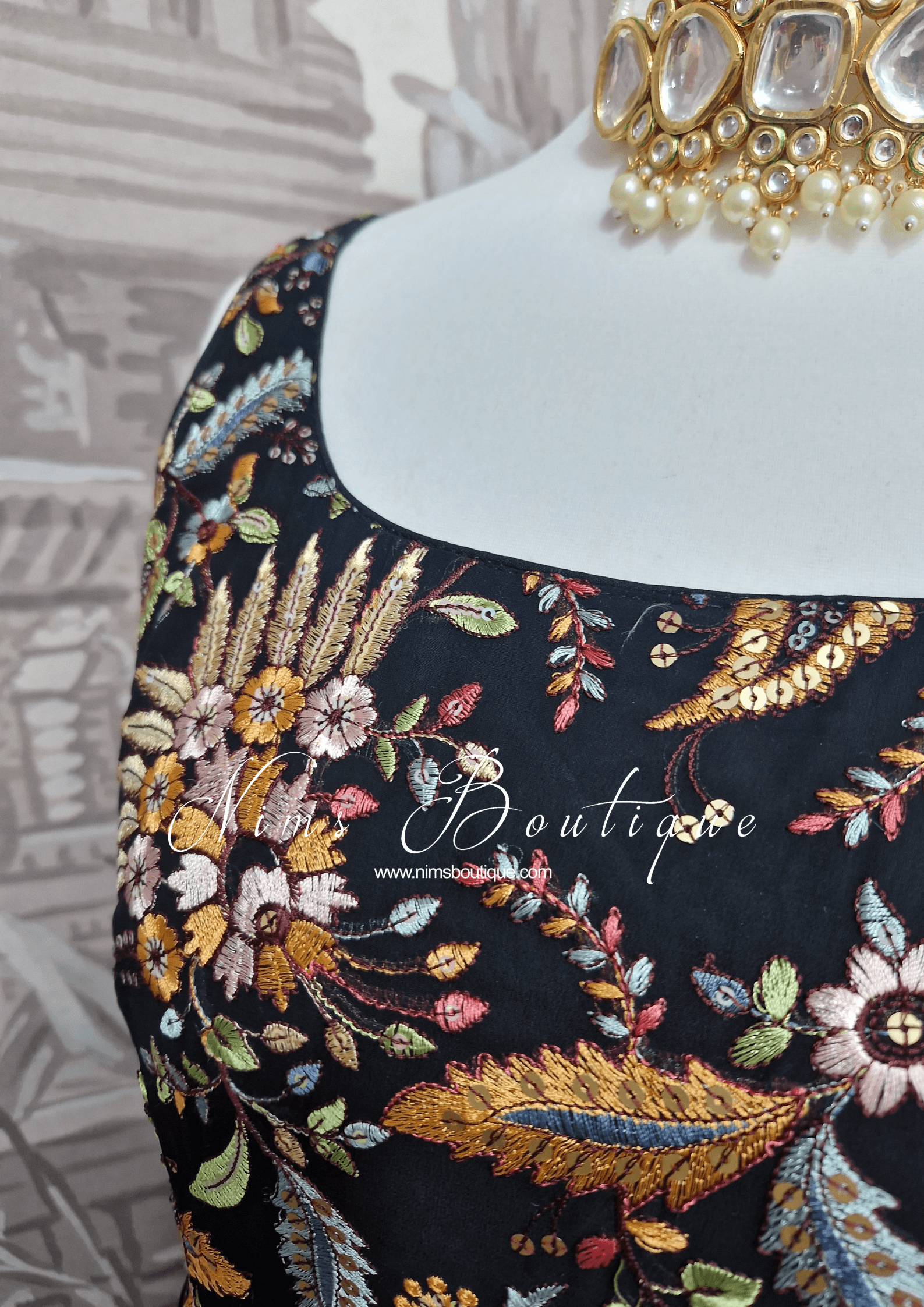 Nims Boutique Sarika Luxury Black & Multicolour Anarkali Suit with Pajami sizes 12-22