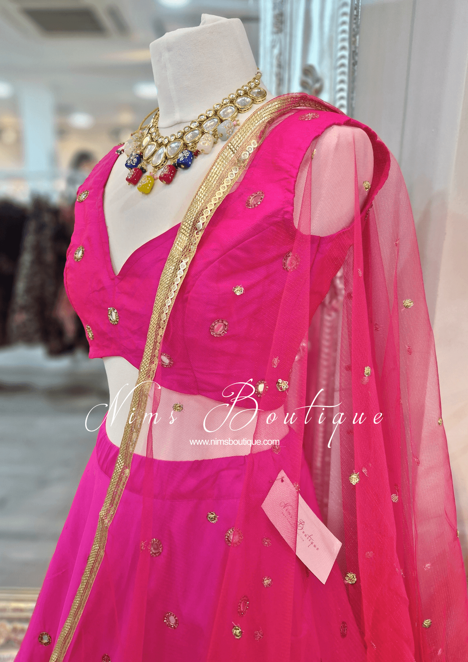 Nims Boutique Bright Pink Net Sequin Dupatta/Chunni