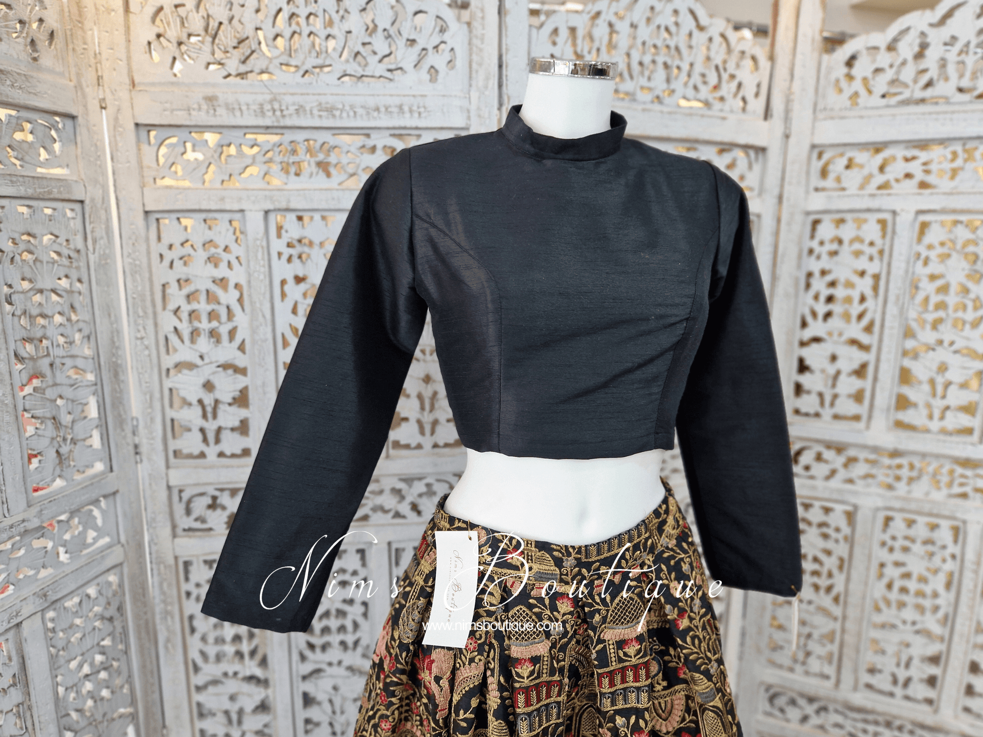 Nims Boutique Black Raw Silk High Collar Neck Blouse with sleeves 4-24