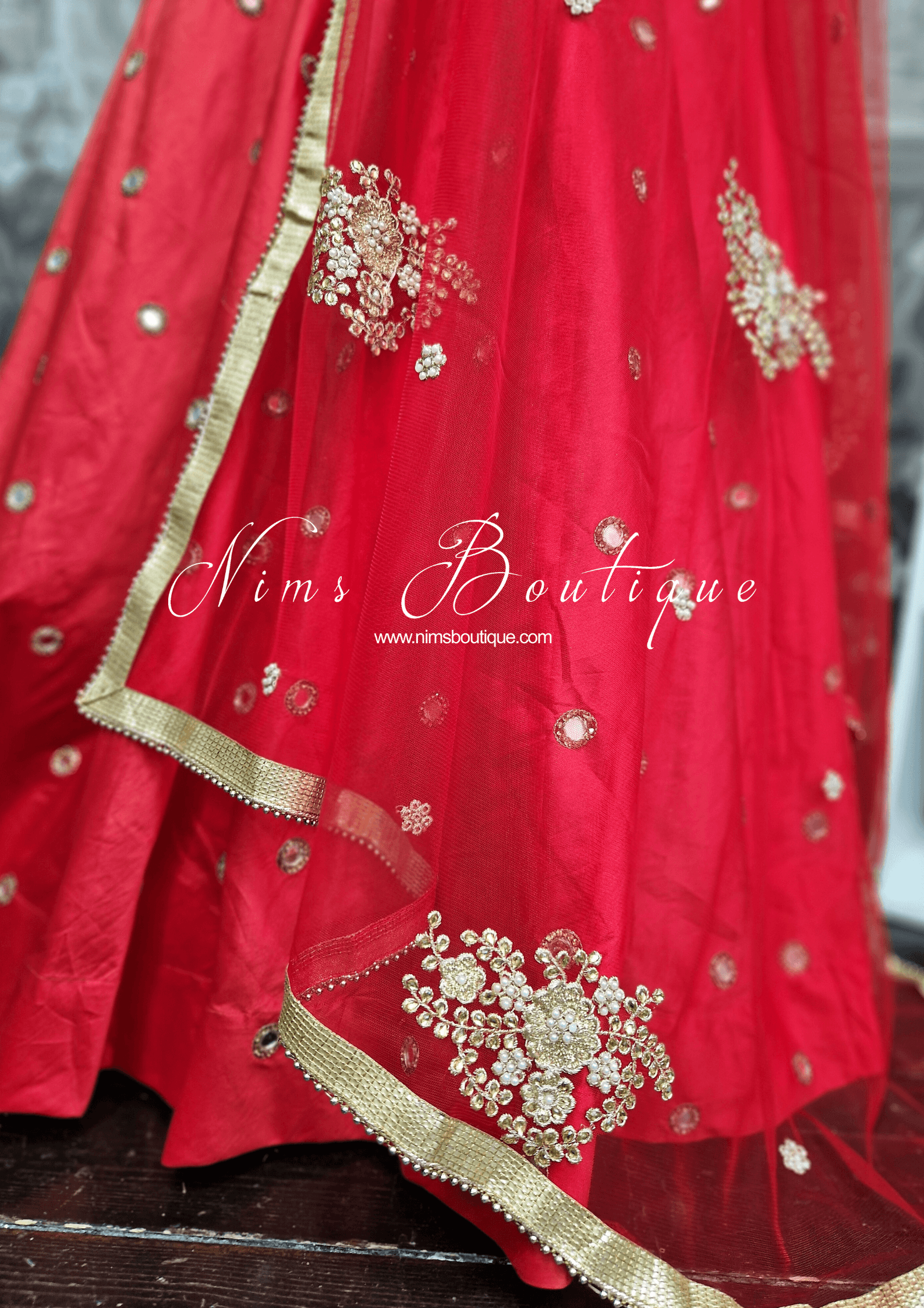 Nims Boutique Red Net Pearl Embellished Dupatta/Chunni NP1
