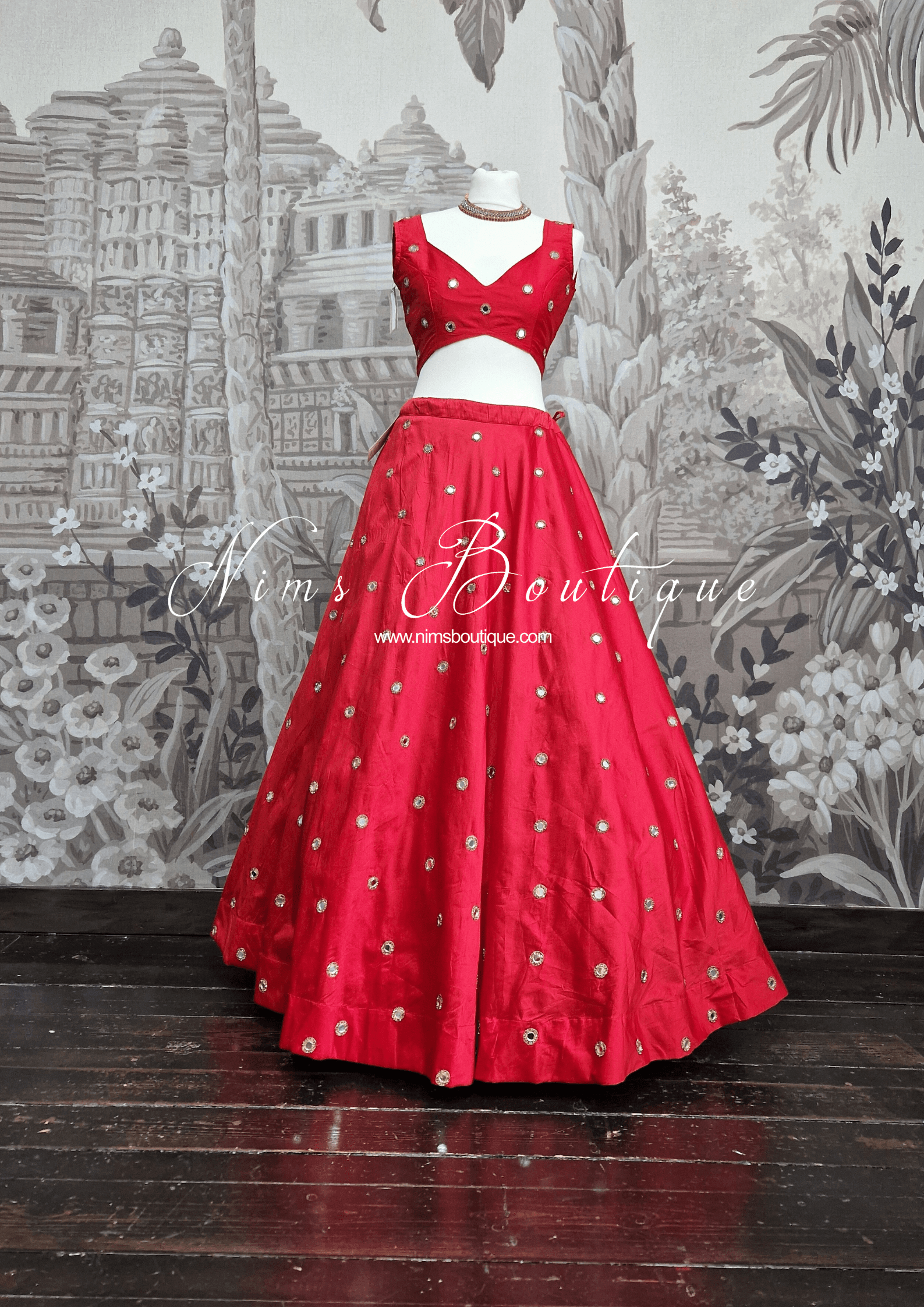 Nims Boutique Rani Luxury Red Silk Mirror readymade skirt/lehnga size 4-20