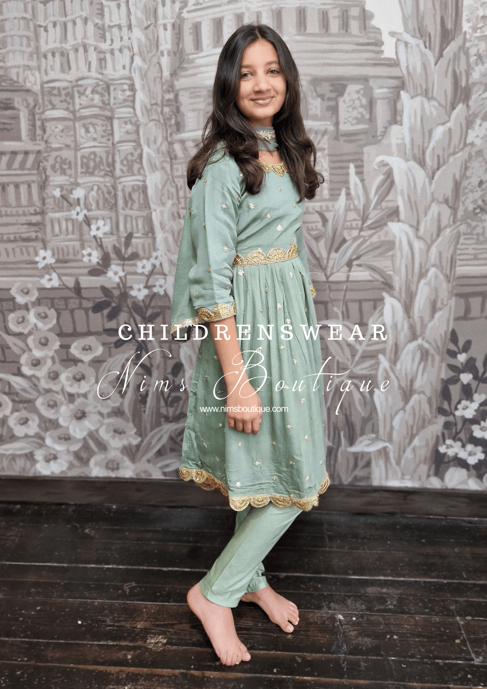 Nims Boutique Sage Green Sequin Frock Kids Pajami Suit