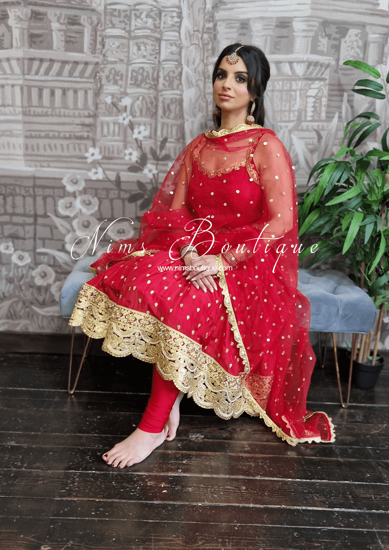 Nims Boutique The NB Luxury Red Silk Anarkali with Pajami size 4-12