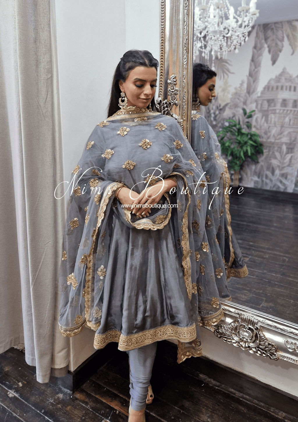 Nims Boutique Limited Edition Rashmi Luxury Dark Grey Silk Anarkali Suit with Pajami 10-12