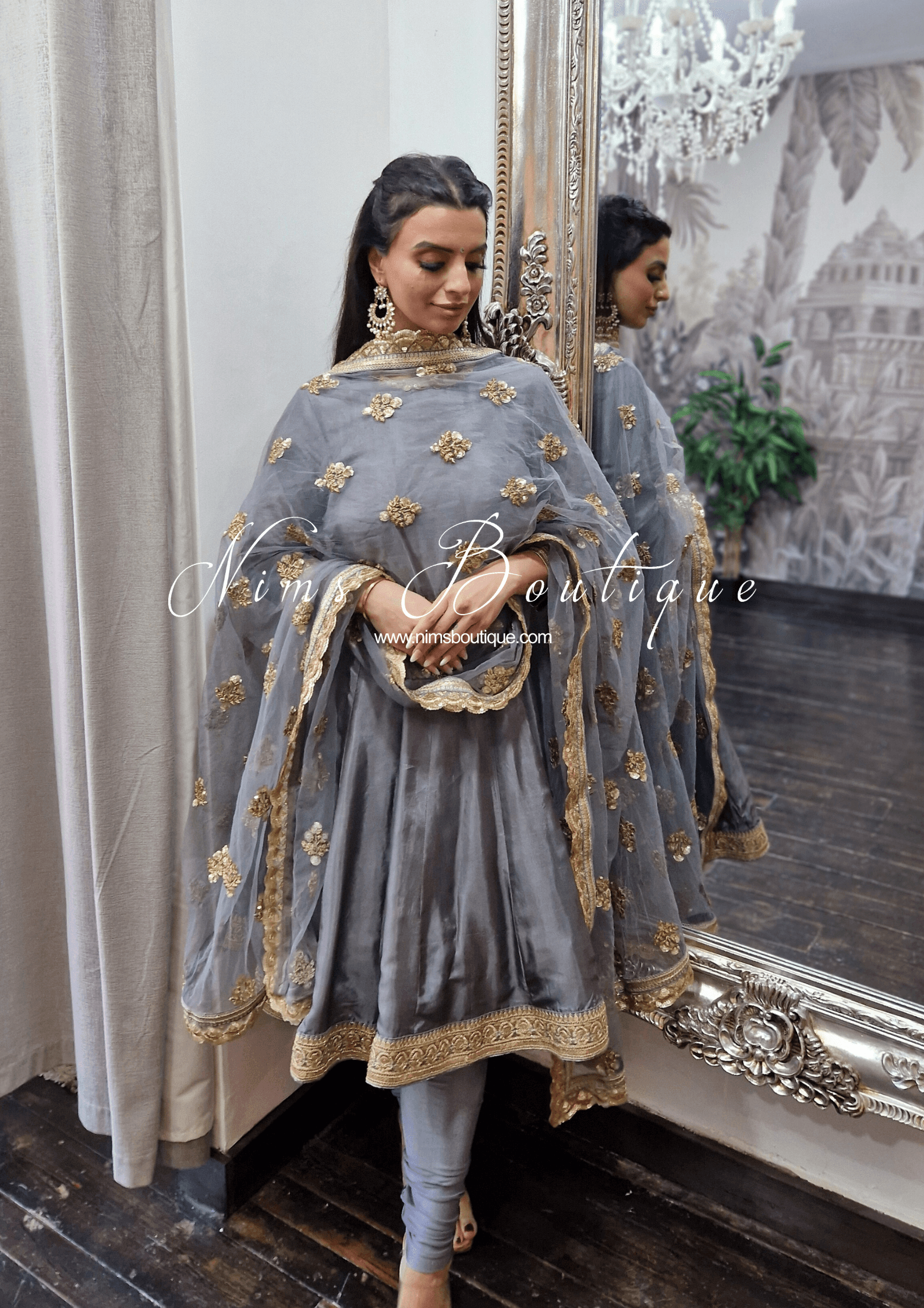 Nims Boutique Limited Edition Rashmi Luxury Dark Grey Silk Anarkali Suit with Pajami 10-12