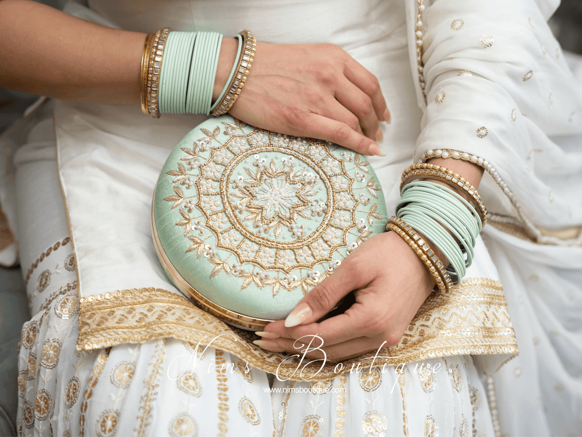 Nims Boutique Large Round Mint Green & Pearl Clutch Bag