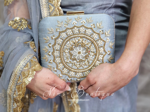 Large Grey Raw Silk Clutch Bag with Pearl & Gold embellishment