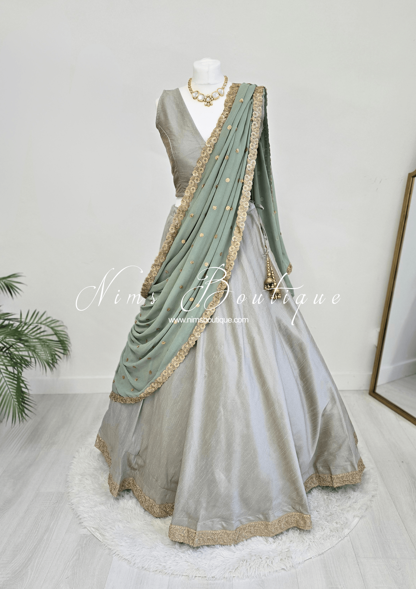 Nims Boutique Saloni Readymade Sage Grey Raw Silk skirt/lehnga sizes 4-24