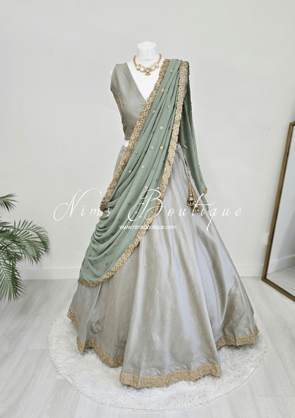 Nims Boutique Ria Luxury Sage Green Georgette Dupatta/Chunni