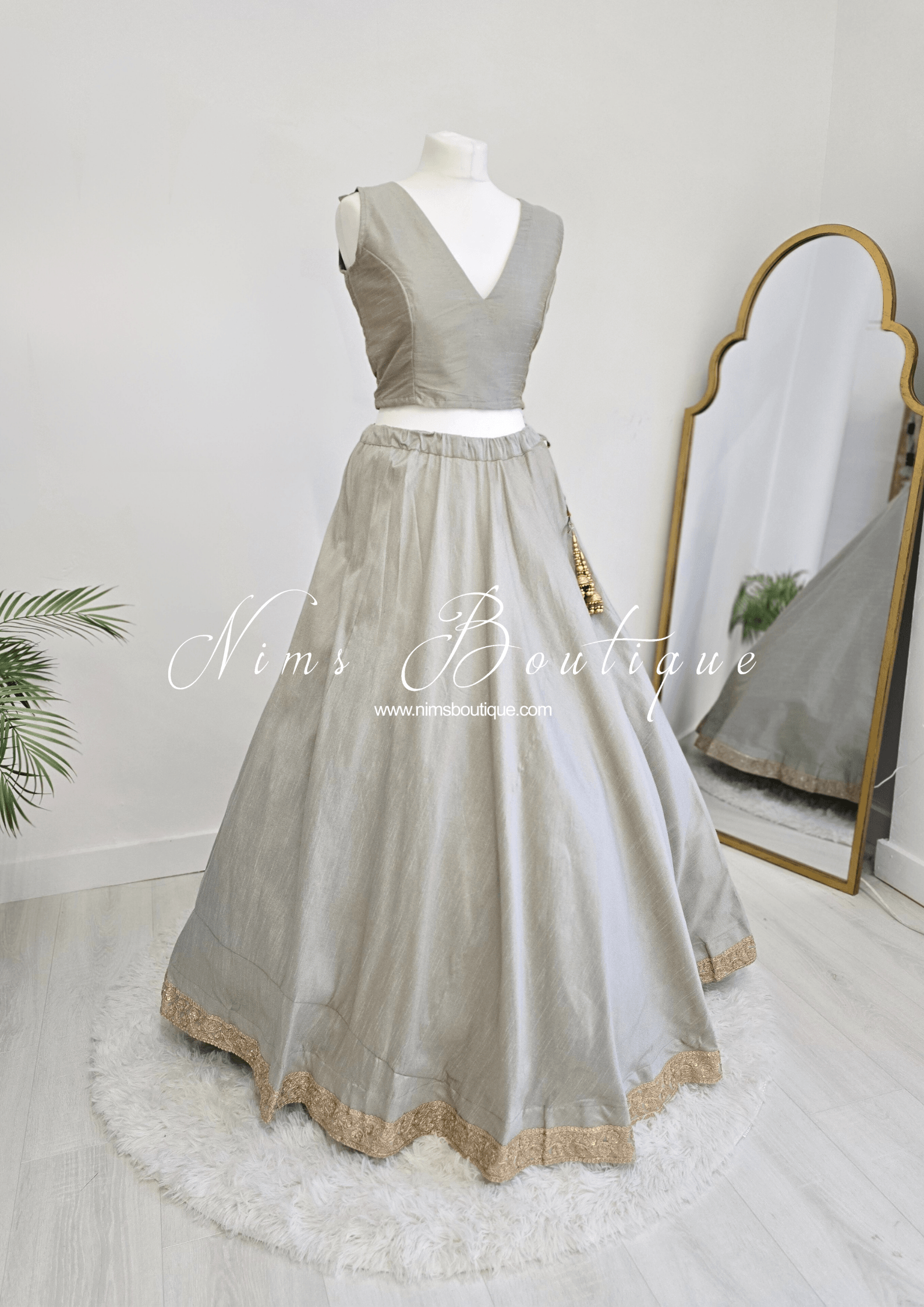 Nims Boutique Saloni Readymade Sage Grey Raw Silk skirt/lehnga sizes 4-24