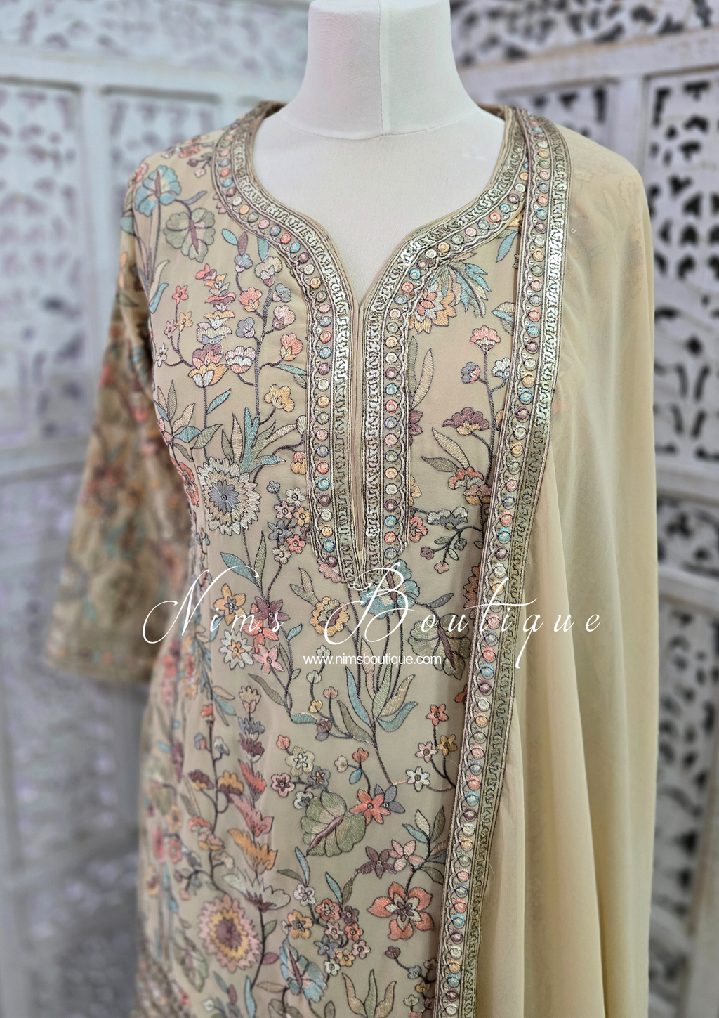 Luxury Beige Embroidered Sharara Suit (Size 12)